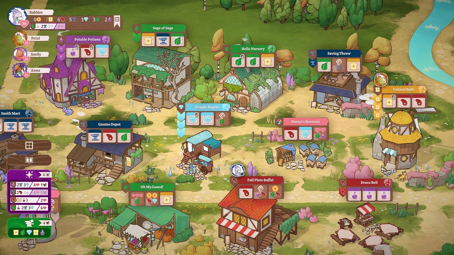 Flamecraft: Overhead view of whimsical village with various shops and dragon character icons displayed.