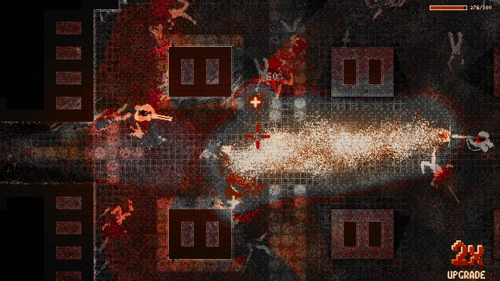 Flashes of Chaos: Intense firefight in a dark, gritty arena with upgrade and health bar indicators