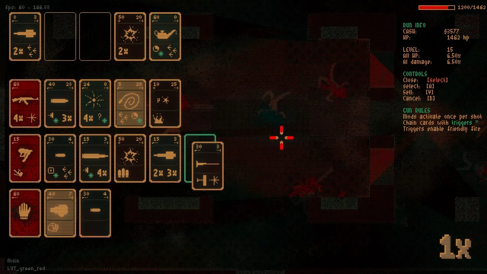 Flashes of Chaos: Card inventory and gun info displayed in dark combat zone with red crosshair focus