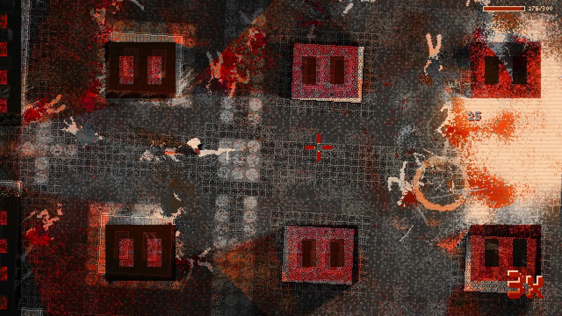 Flashes of Chaos: Top-down view with red crosshair, pixelated debris, and scattered structures in chaos.