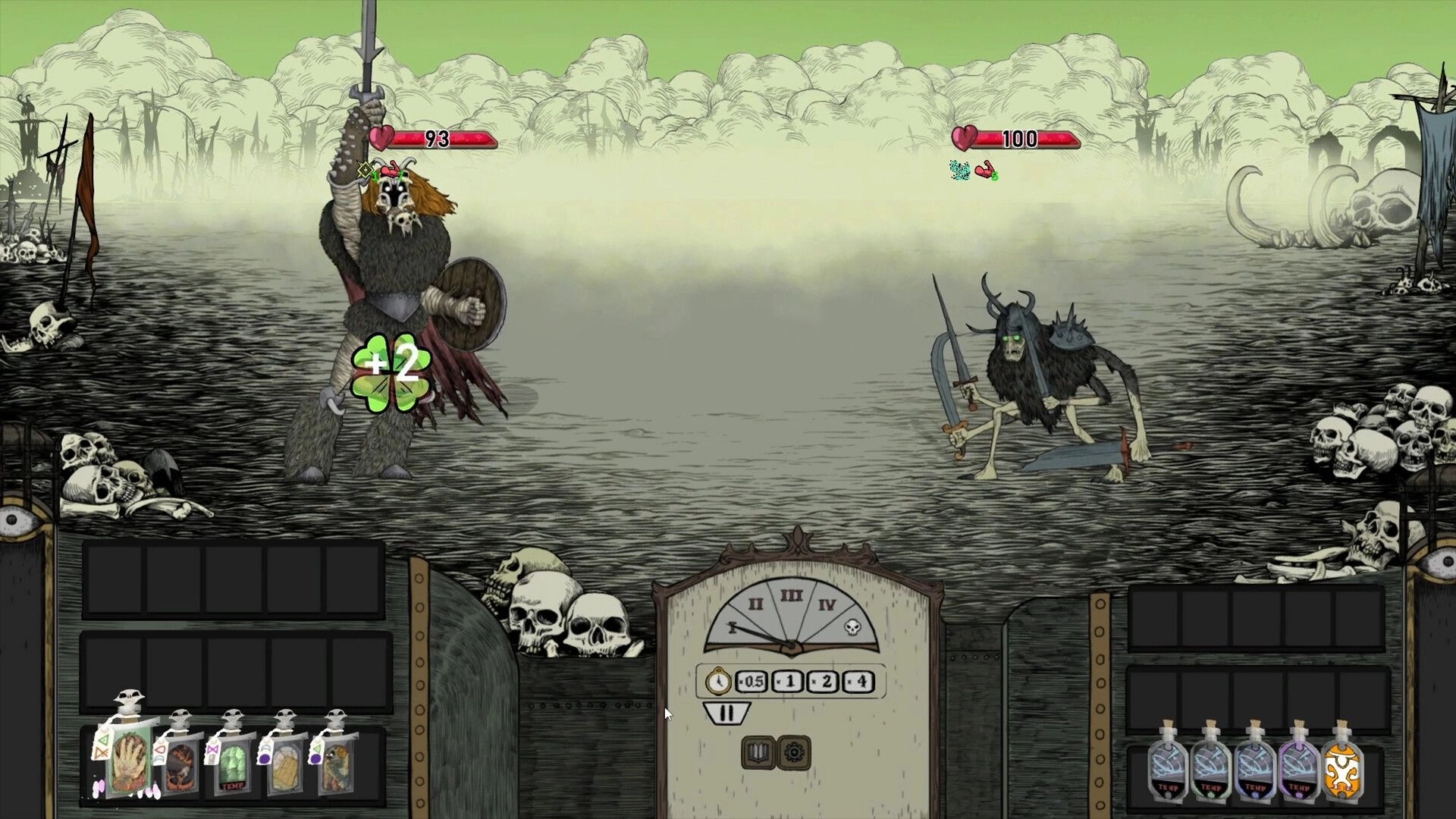 FLASK: Battle screen with horned warrior vs skeletal beast, potion trays and turn dial in skull swamp.