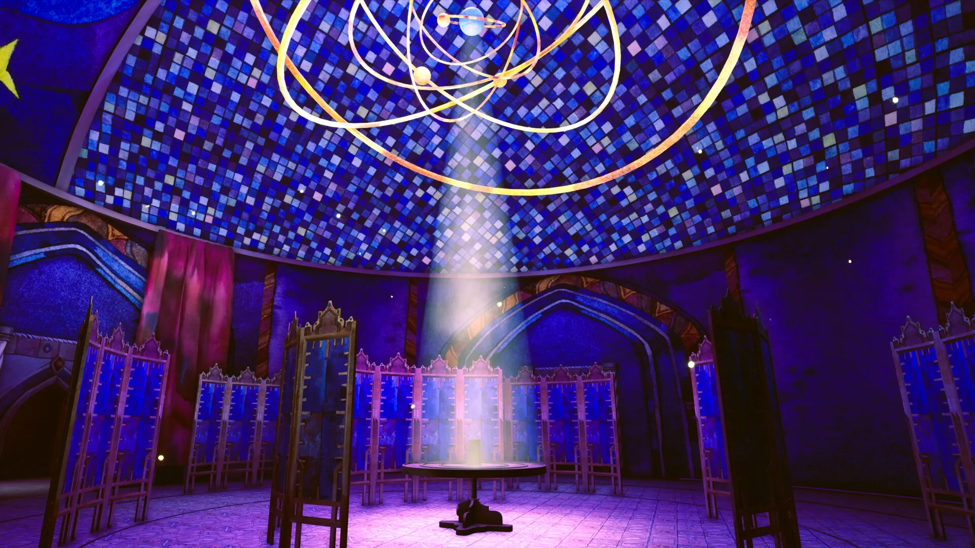 Flawless Abbey: Illuminated round table in a cosmic-themed room with ornate chairs under starry ceiling