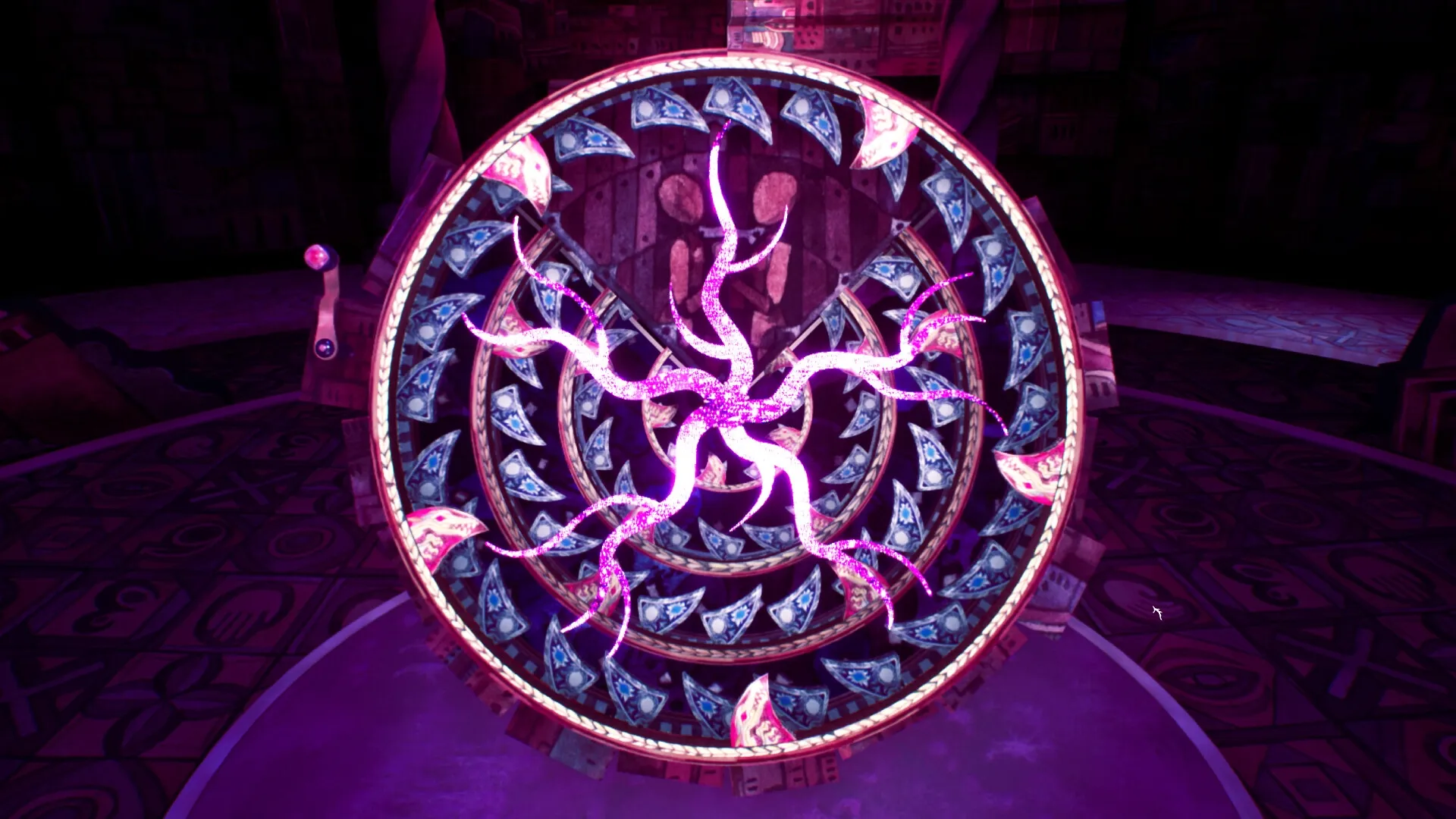 Flawless Abbey: Glowing cosmic wheel with intricate patterns in a dimly lit mystical chamber