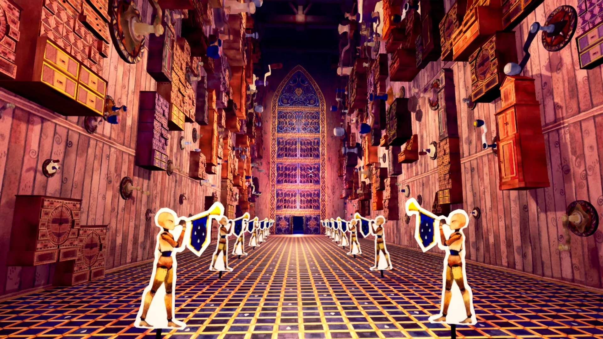 Flawless Abbey: Trumpet-playing dolls line checkerboard hall with towering shelves and ornate stained glass.