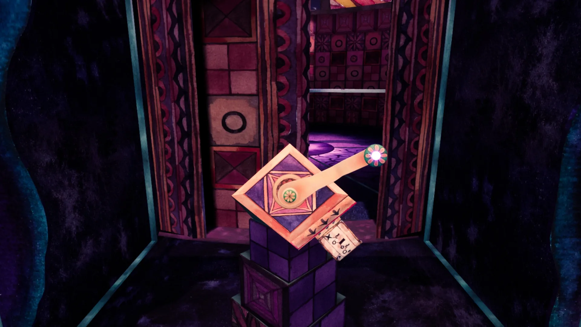 Flawless Abbey: Lever puzzle mechanism in a vibrant, patterned room with a doorway leading further in
