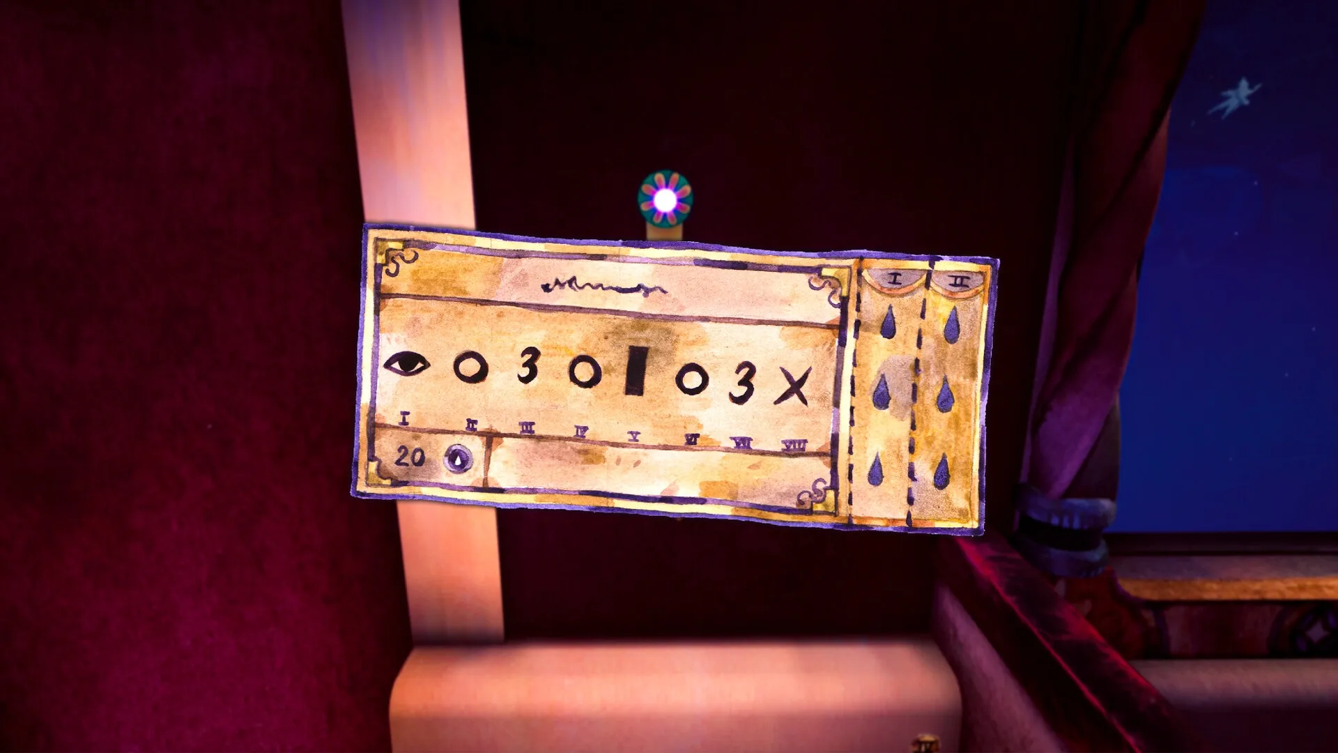 Flawless Abbey: Puzzle interface with cryptic symbols displayed against a richly colored backdrop