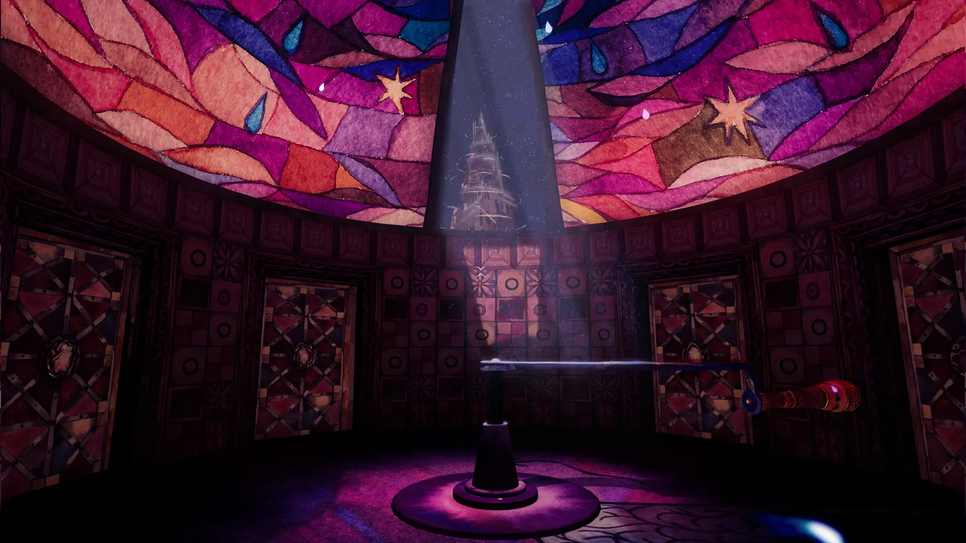 Flawless Abbey: Ornate circular room with colorful stained glass ceiling and mysterious central lever