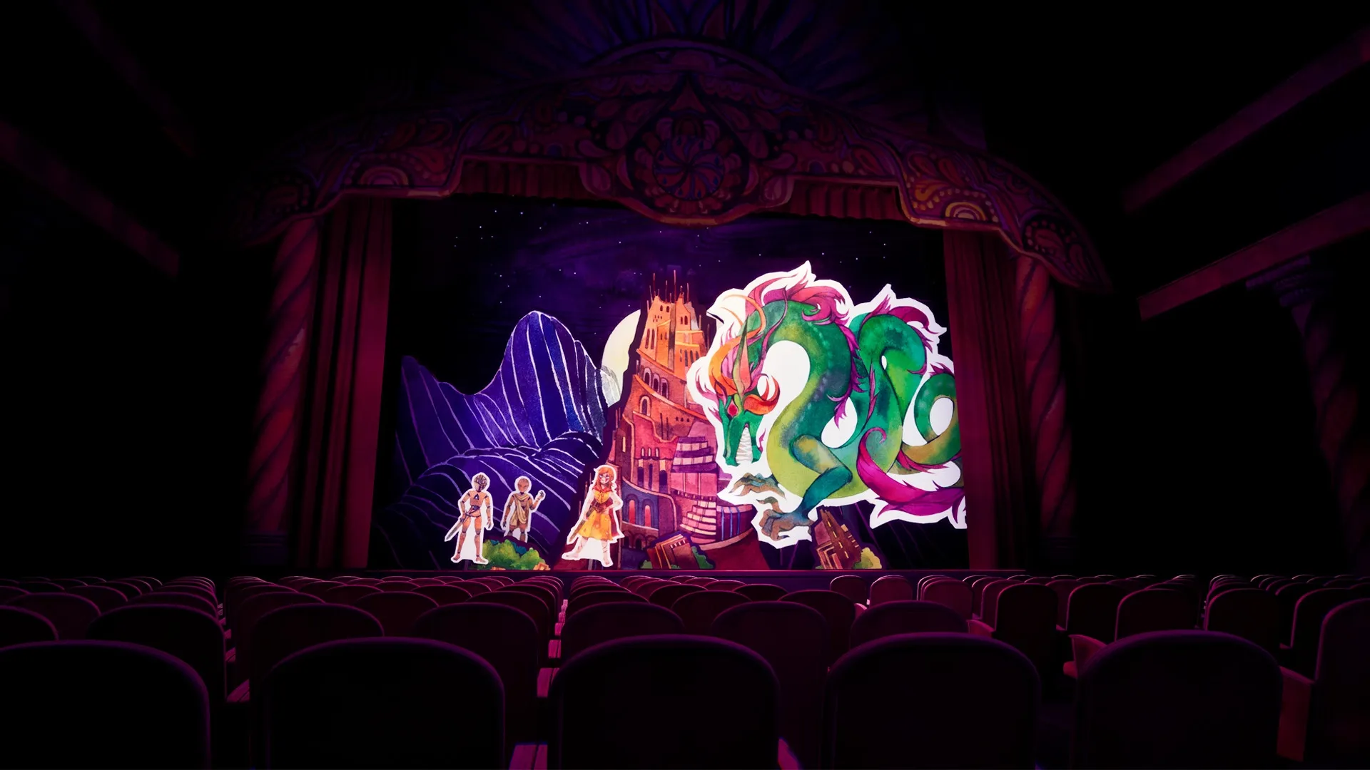 Flawless Abbey: Theatrical stage with vibrant dragon and characters in front of a cosmic backdrop