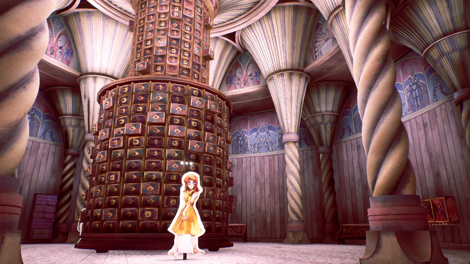 Flawless Abbey: A young girl stands before a towering cabinet of drawers in a grand, ornate chamber.