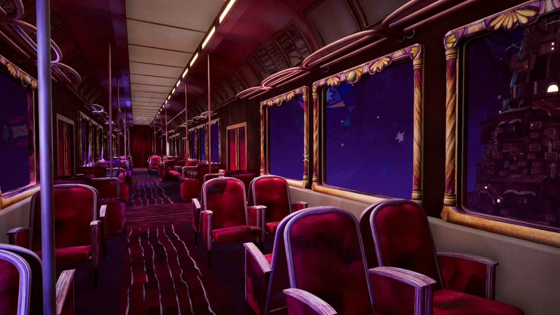 Flawless Abbey: Empty train carriage with ornate red seats and starry night view through windows