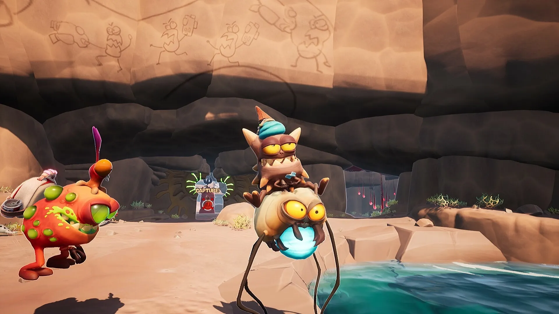Flea Madness: Alien flea riding bug with cave carvings in desert environment near water edge