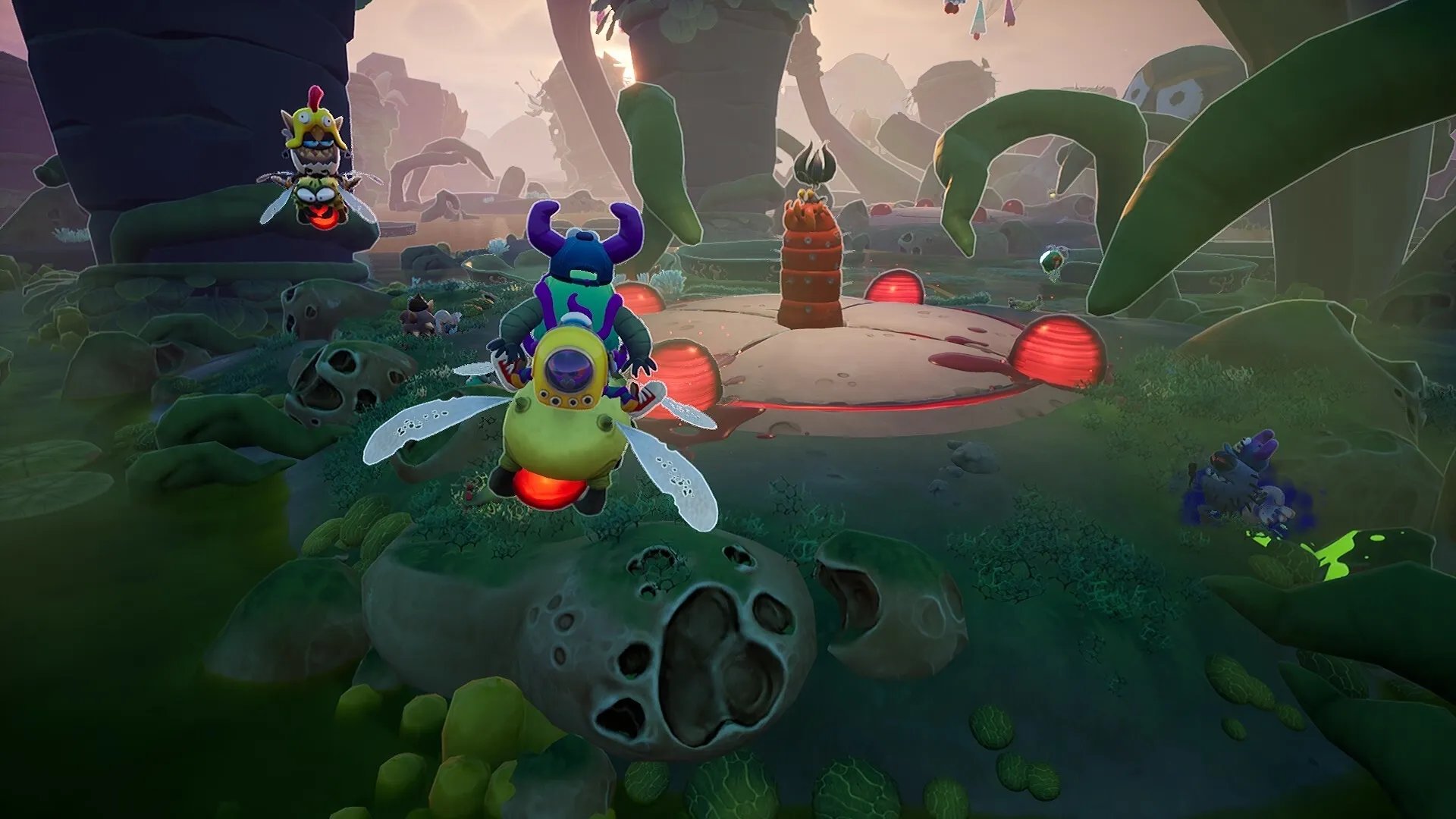 Flea Madness: Alien flea riding insect towards glowing red orbs in a lush, alien forest environment