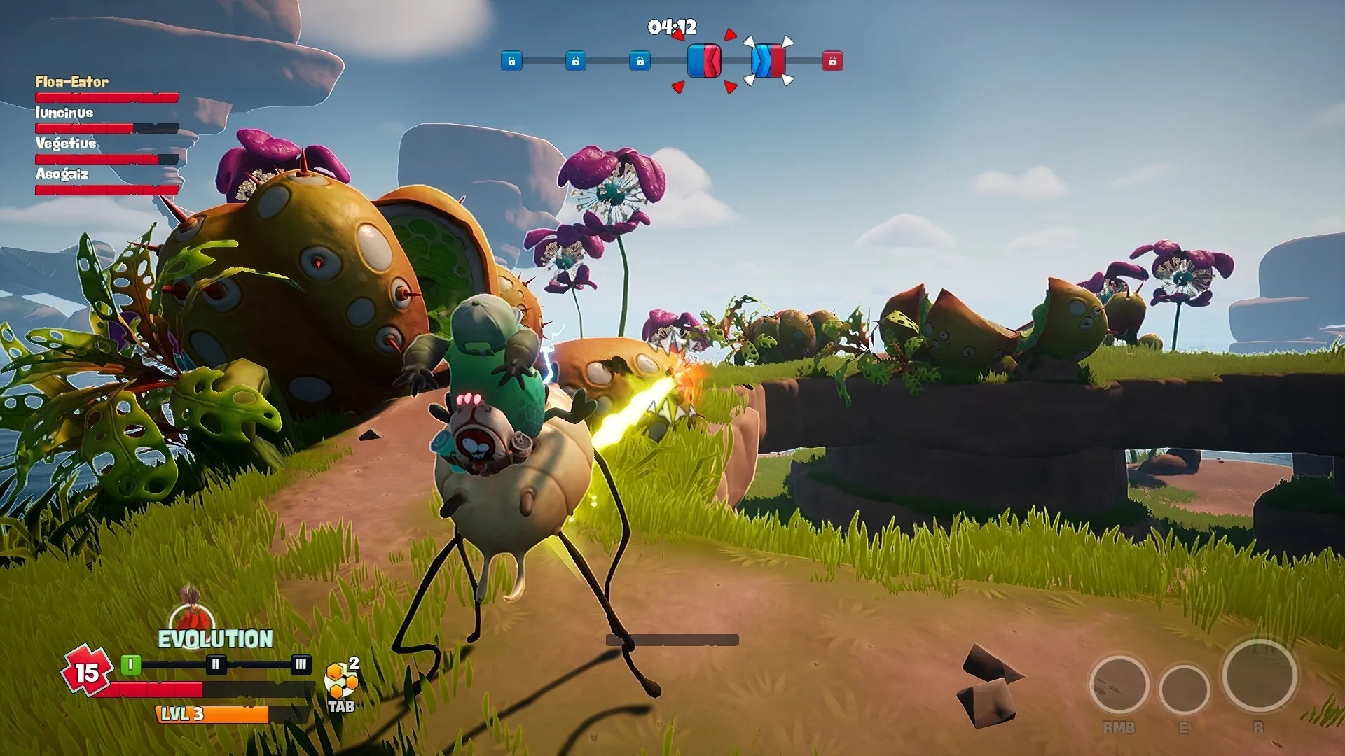 Flea Madness: Alien flea riding creature fires energy blast in lush alien landscape with UI elements