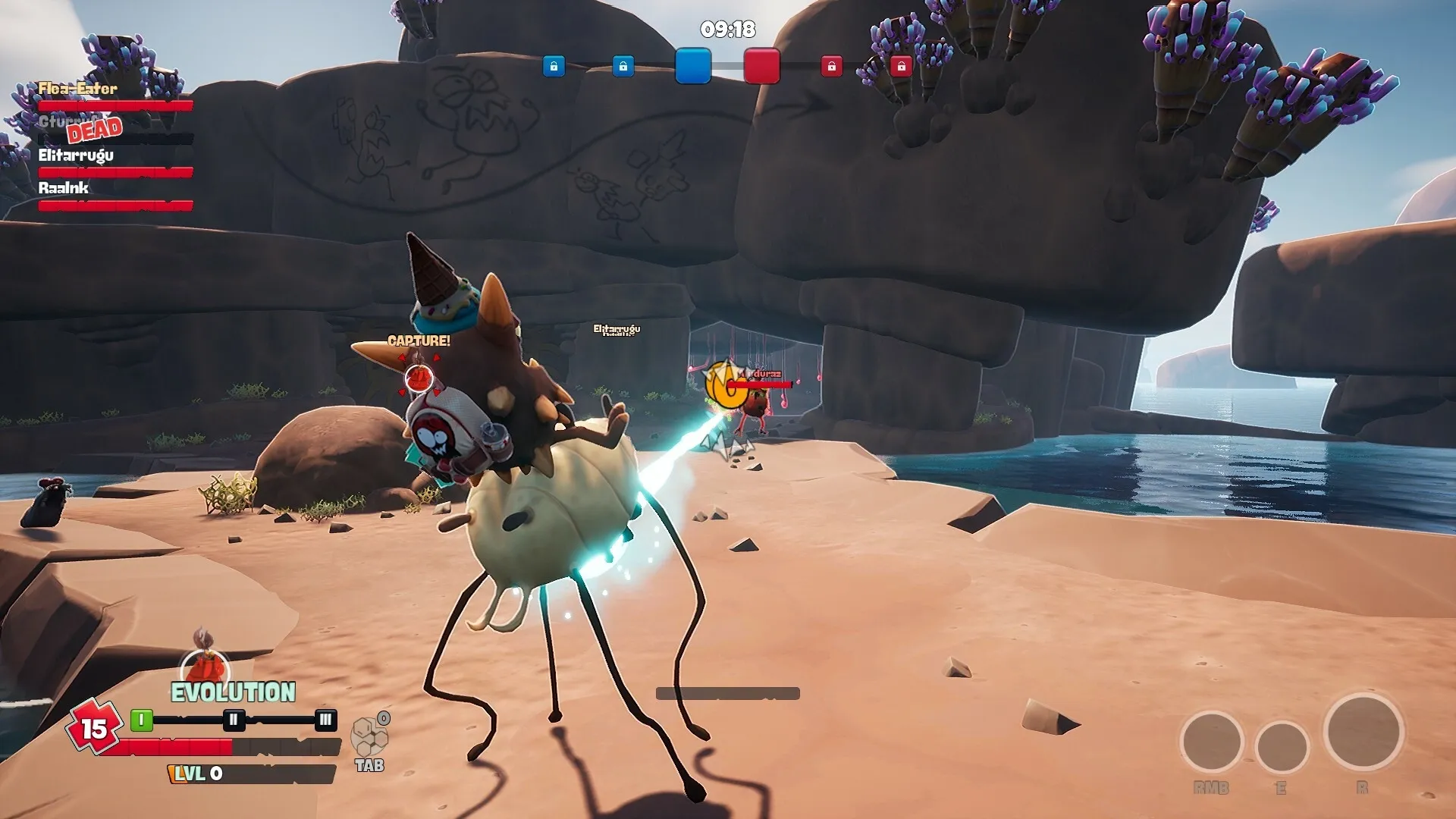 Flea Madness: Alien flea firing beam at enemy on rocky beach with health and evolution UI displayed