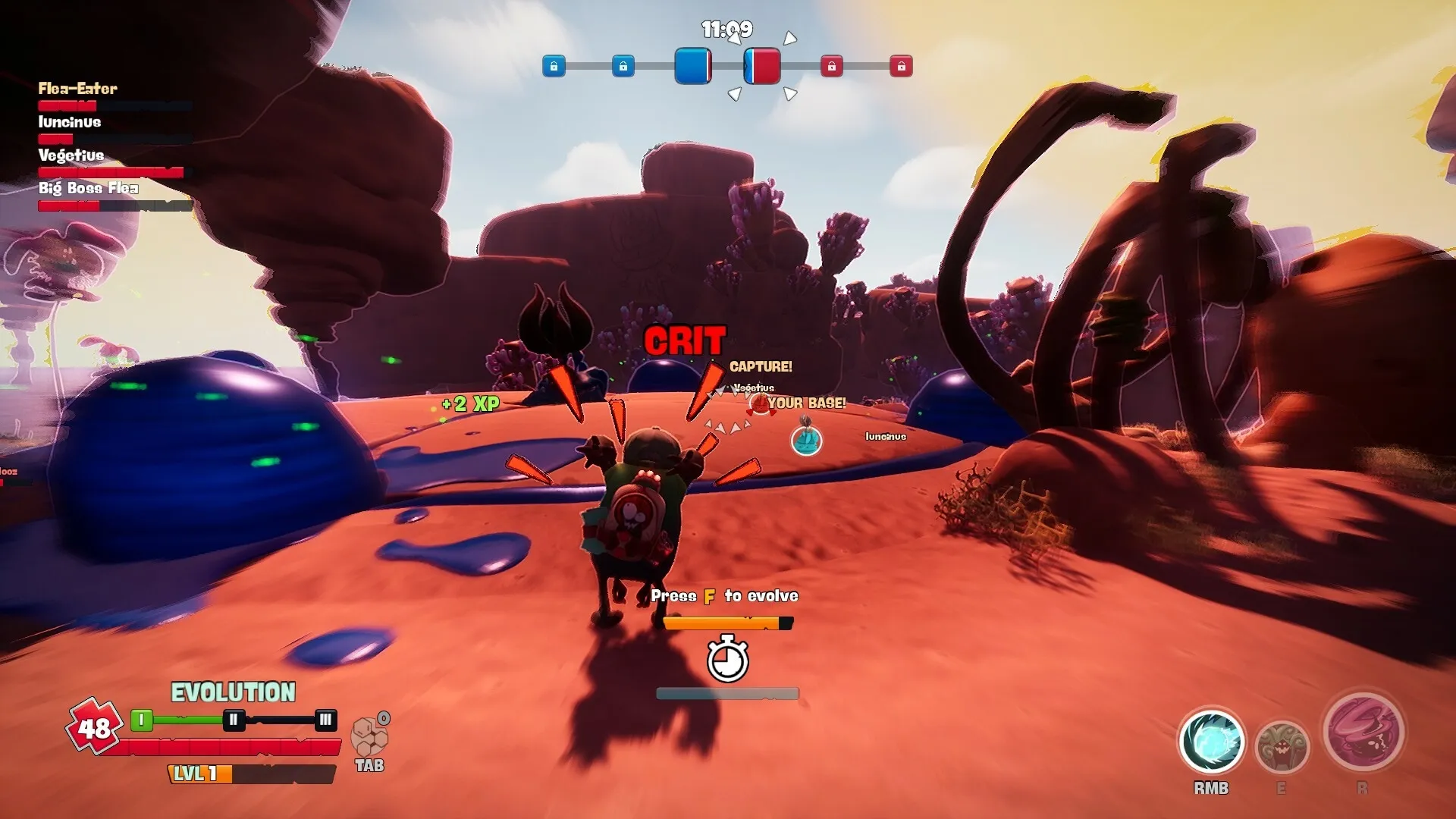 Flea Madness: Alien flea capturing base in desert with evolution bar and XP gain visible