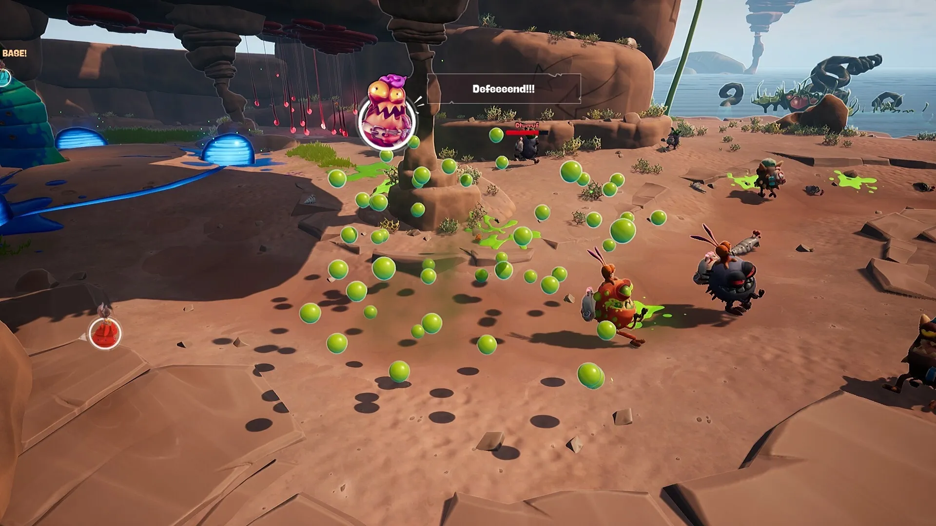 Flea Madness: Aliens engage in combat on a rocky terrain with green projectiles and defense alert.