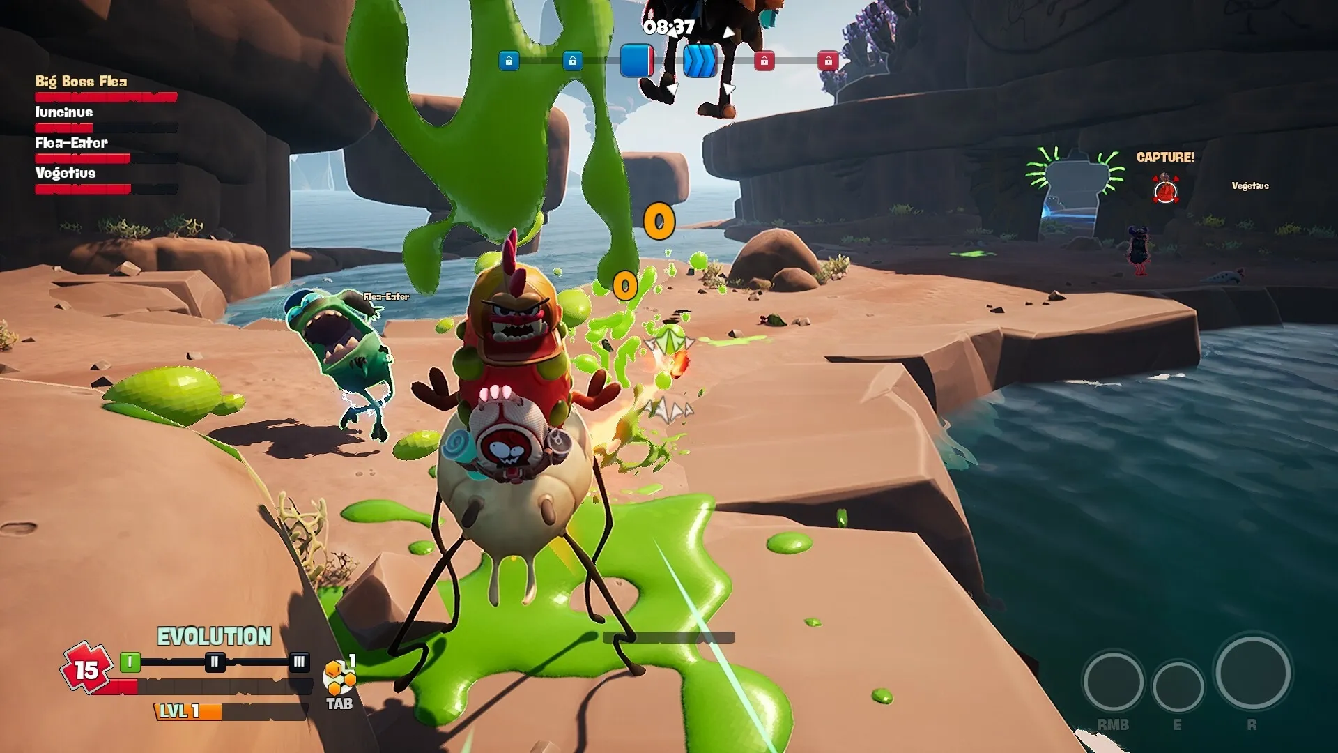 Flea Madness: Alien fleas battle near rocky shore with UI showing health bars and evolution progress