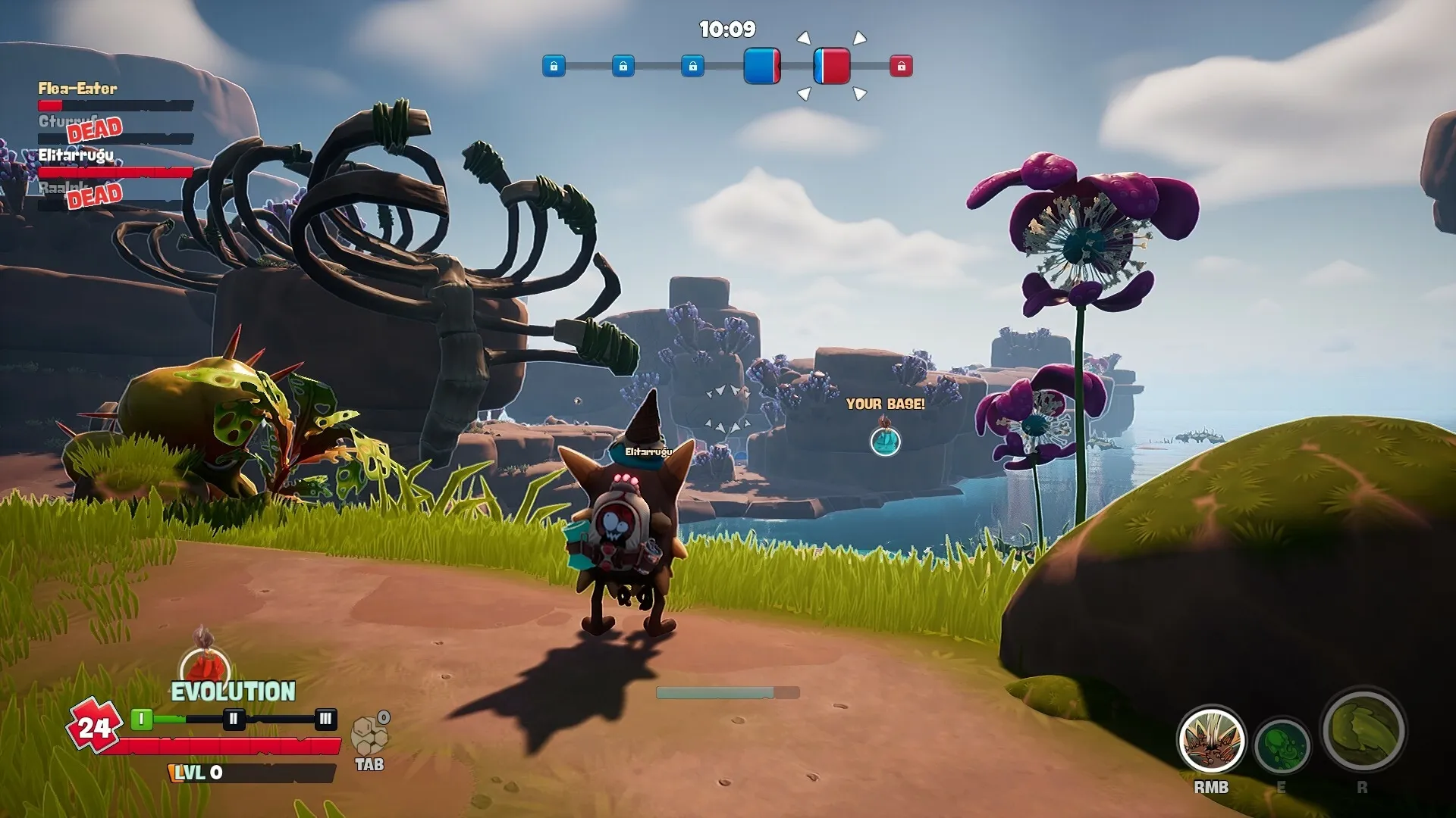 Flea Madness: Player character exploring alien landscape with UI showing health and evolution status