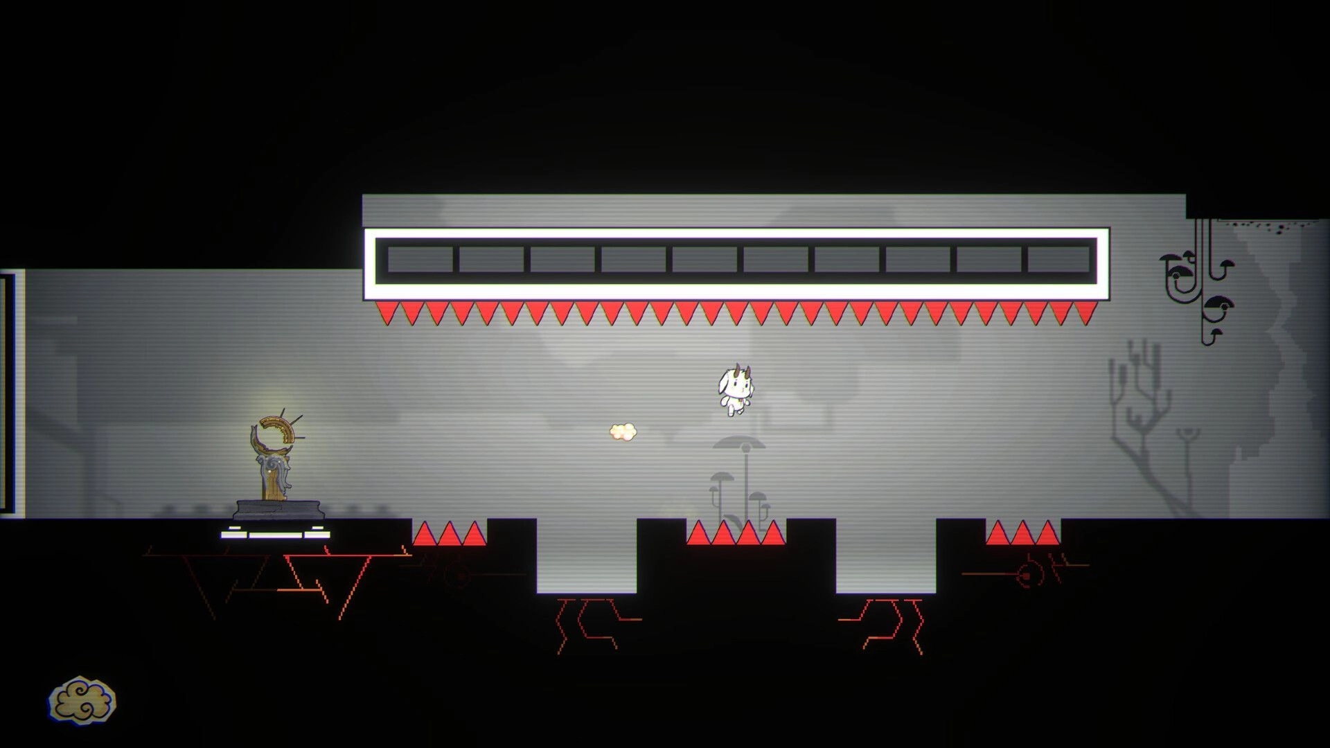 F.L.E.E.C.E: White creature jumps between spike pits under a spiked ceiling in a gray cavern room.