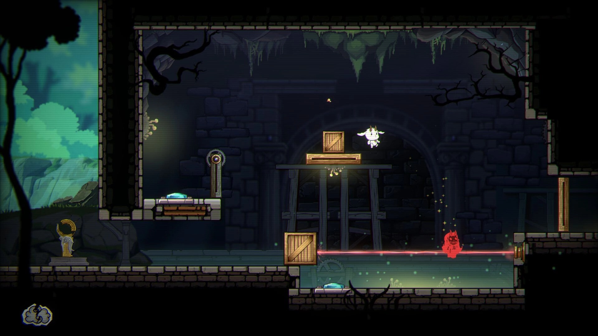 F.L.E.E.C.E: White creature jumps near crates and a red ghost on a laser in dark stone ruins.