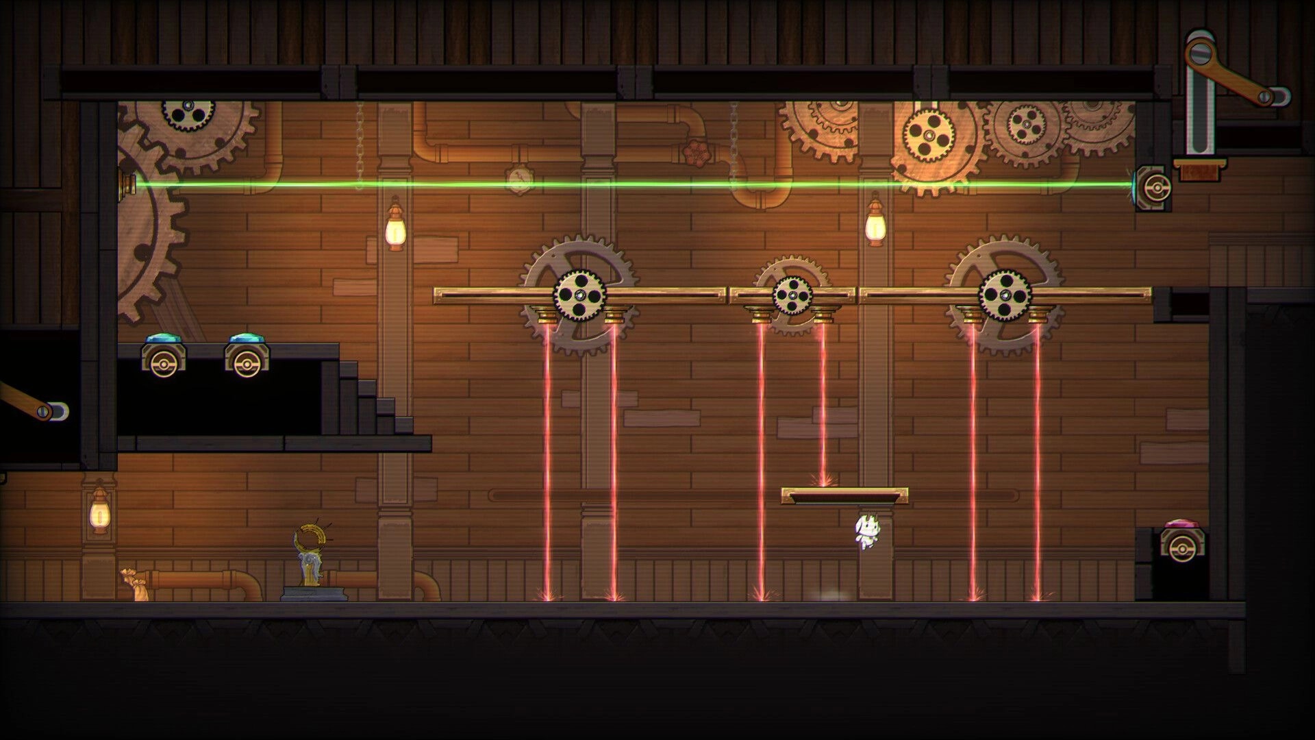 F.L.E.E.C.E: Small white cat character jumps past red laser beams in a wooden gear-filled factory room.