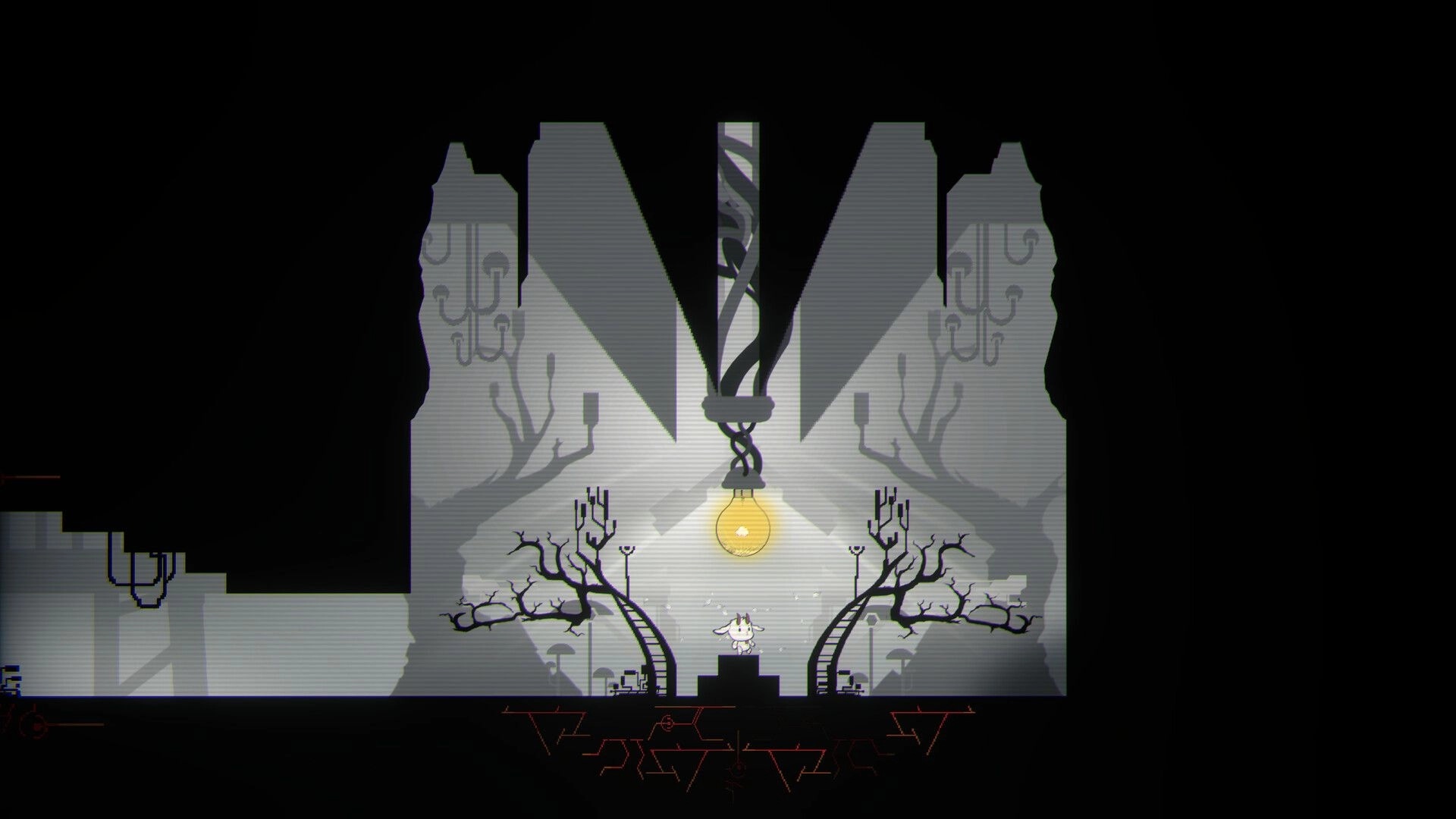 F.L.E.E.C.E: Small cat-like character stands on a pedestal under a hanging bulb in gray ruins.