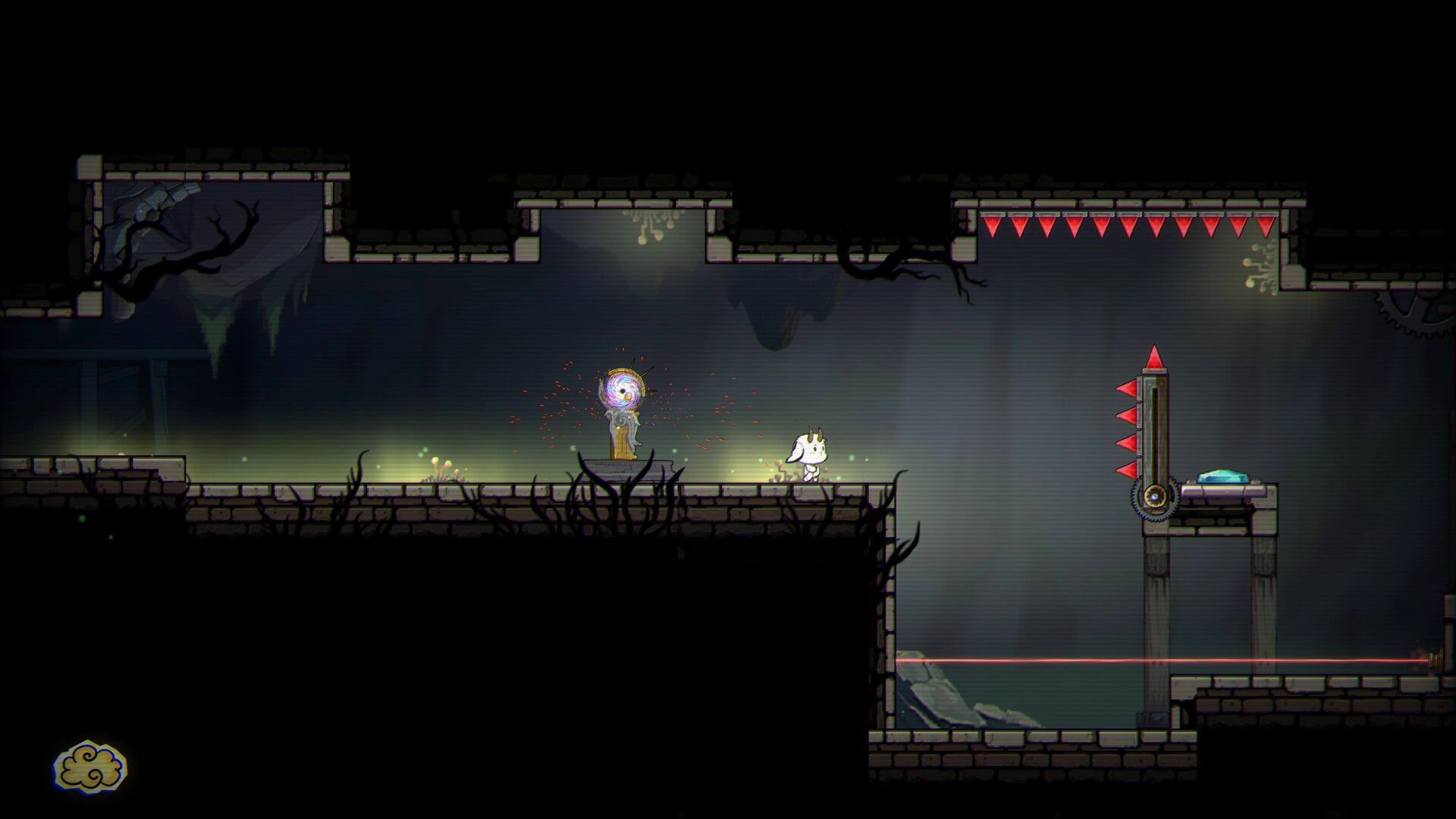 F.L.E.E.C.E: White horned creature approaches a glowing portal pedestal in a dark ruin with spikes and laser.