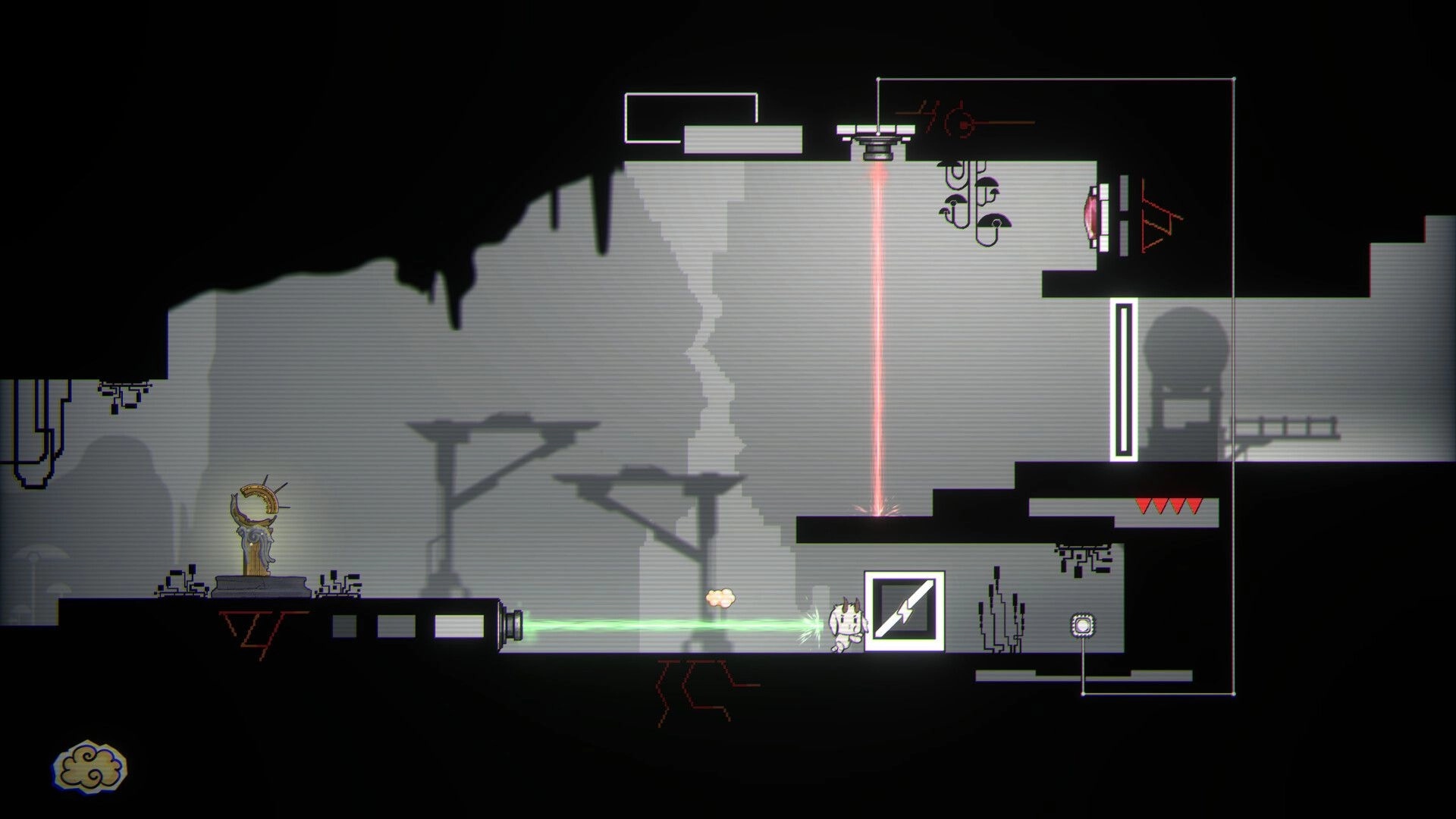 F.L.E.E.C.E: Small creature pushes a lightning-marked block past green and red lasers in a grey lab cavern.