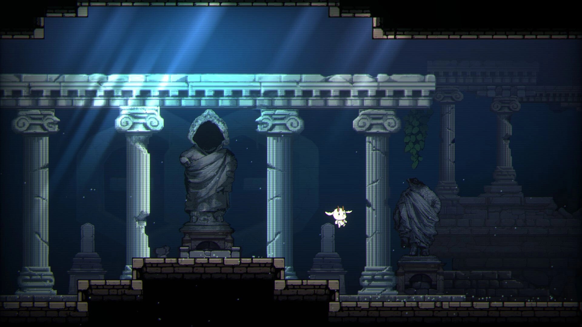 F.L.E.E.C.E: Small horned creature jumps between ruins with columns and hooded statues in blue light.