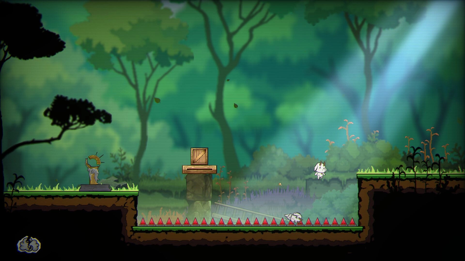 F.L.E.E.C.E: White cat-like character jumps over spike pit near crate platform in misty forest level.