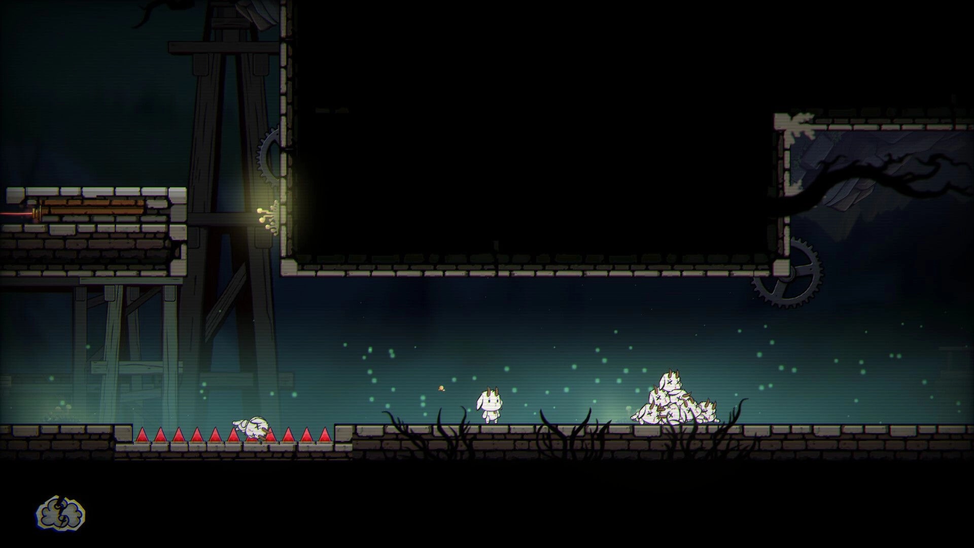 F.L.E.E.C.E: White creature stands by spikes and a wool pile in a dark brick corridor with gears.