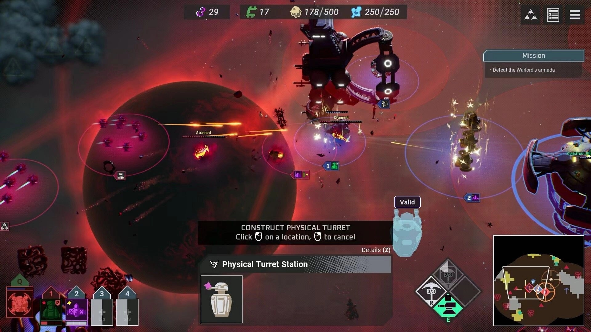 Fleetbreakers: Space battle with turrets being constructed, enemy ships in orbit, and mission objectives