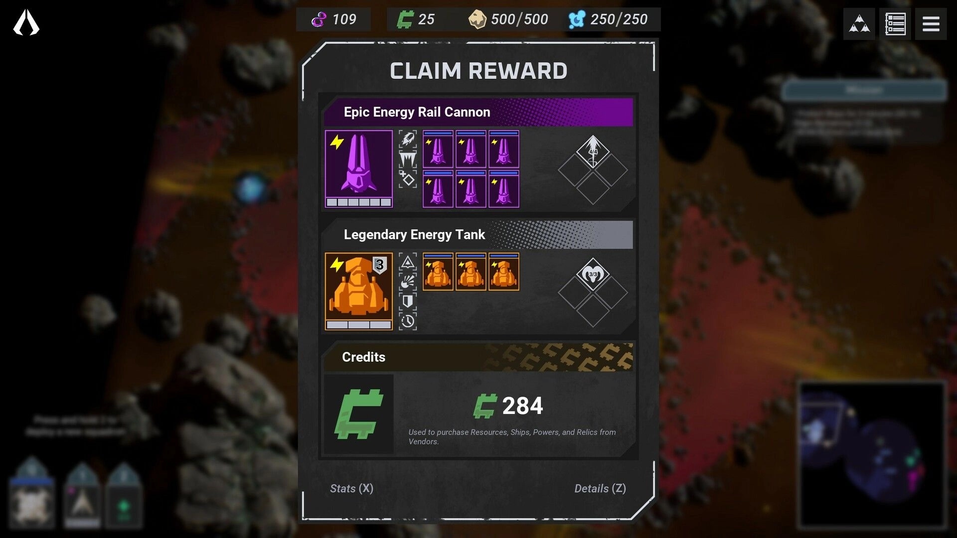 Fleetbreakers: Claim reward screen with Epic Energy Rail Cannon and Legendary Energy Tank options visible.