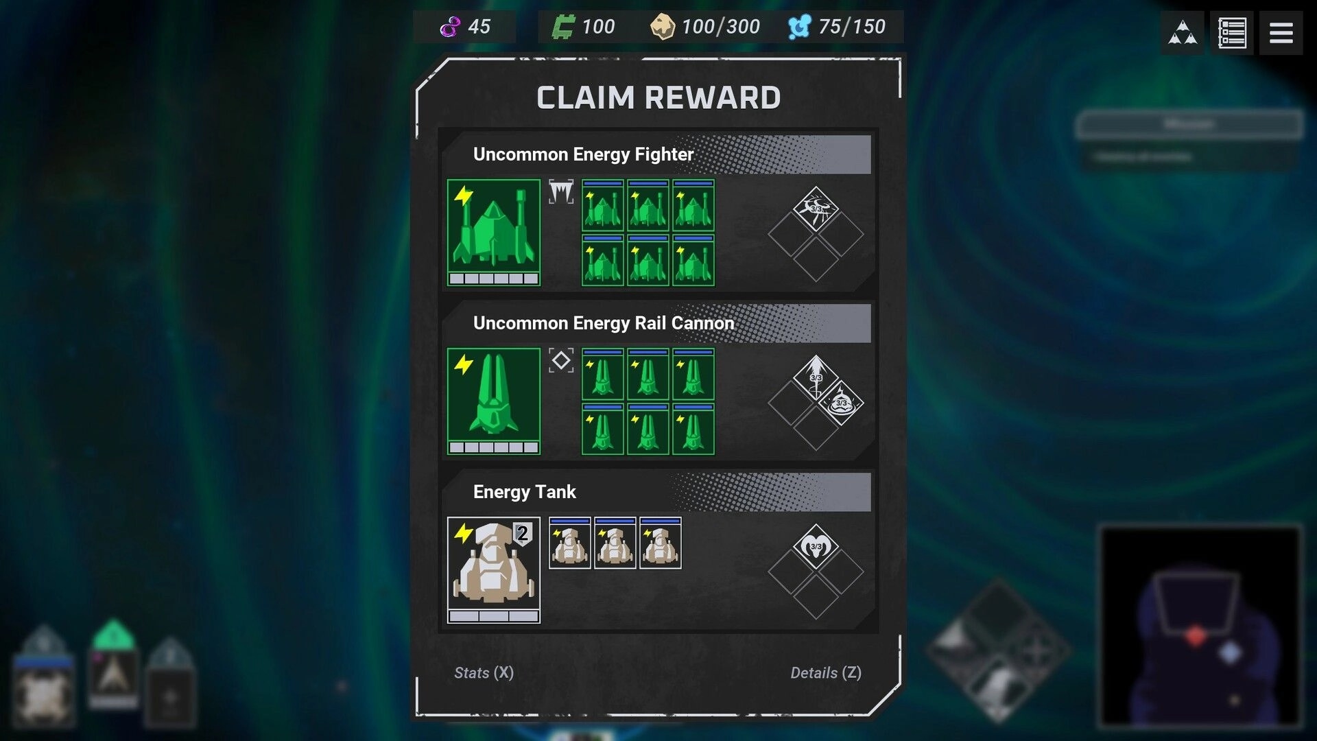 Fleetbreakers: Reward claim screen with Uncommon Energy Fighter, Rail Cannon, and Energy Tank options