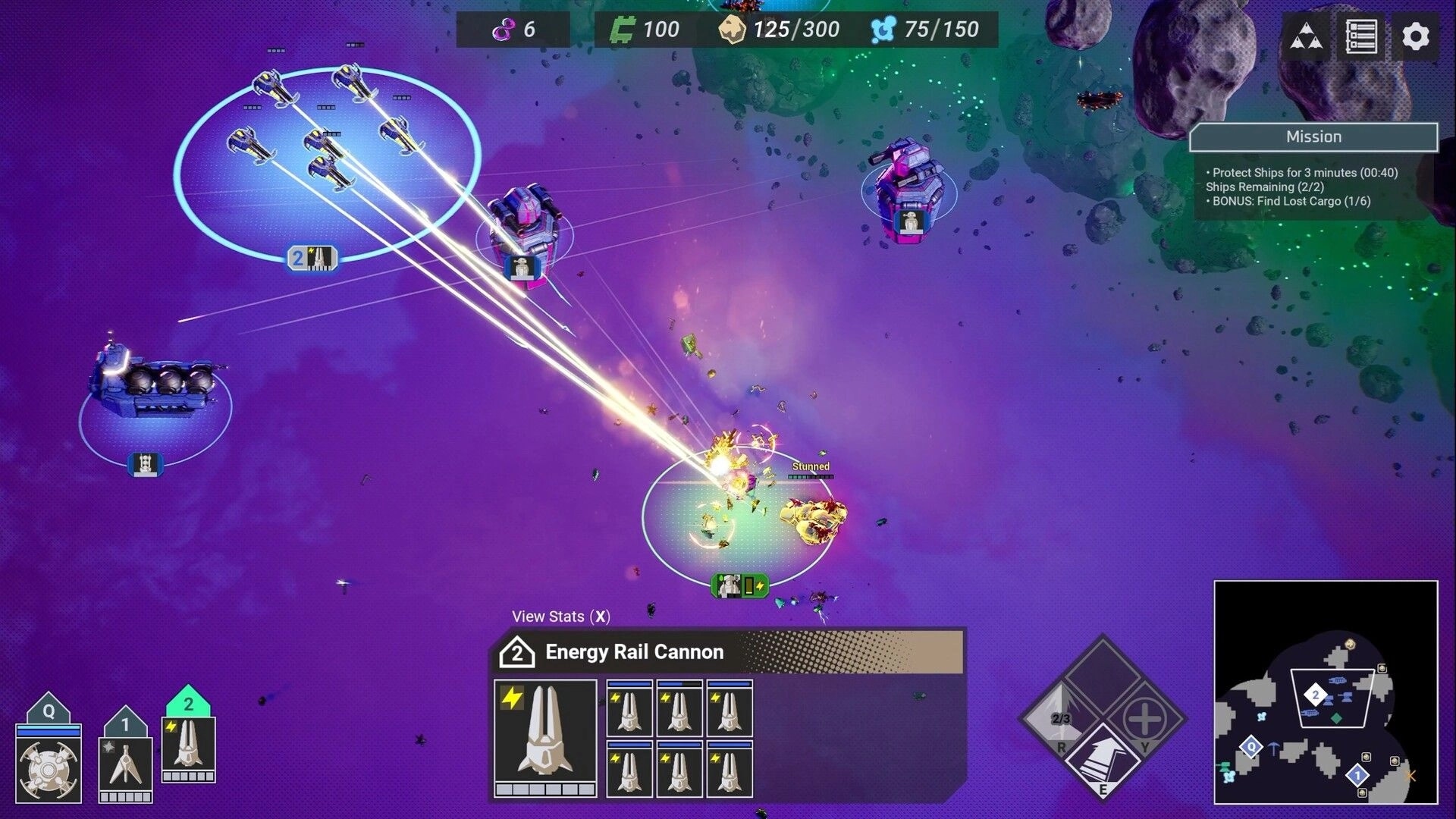 Fleetbreakers: Space battle with fleets firing energy beams, mission objectives, and tactical HUD elements