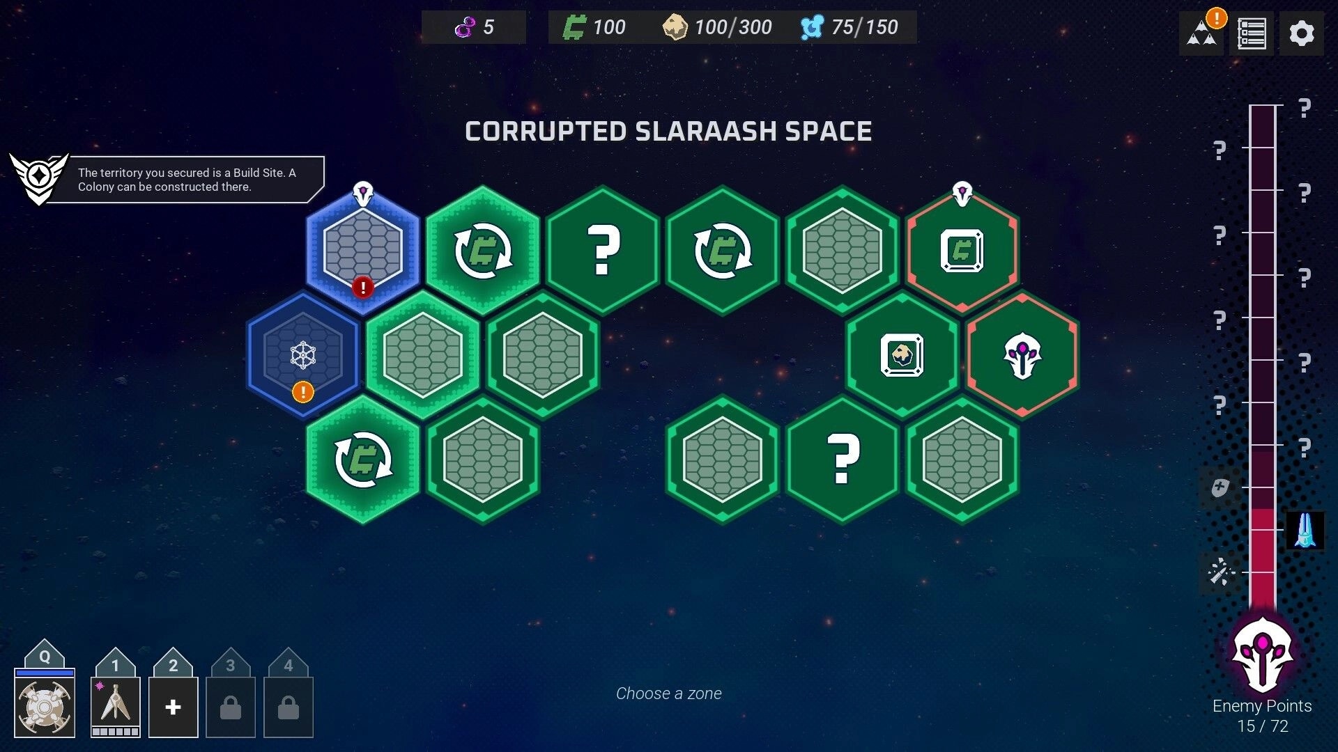 Fleetbreakers: Hexagonal grid map with build sites and enemy icons in Corrupted Slaraash Space.