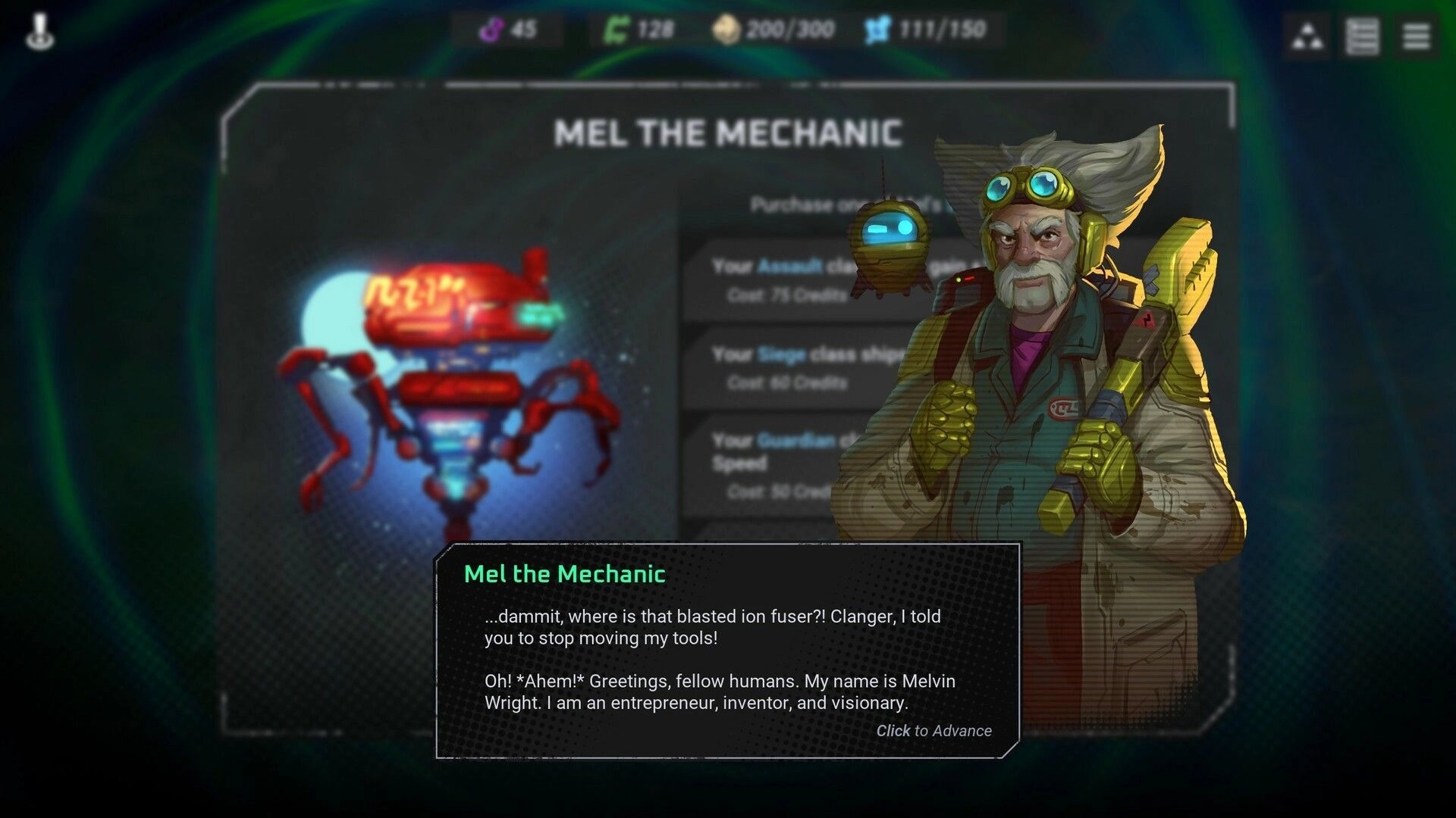 Fleetbreakers: Dialogue with Mel the Mechanic in inventory purchase screen showing ship upgrade options