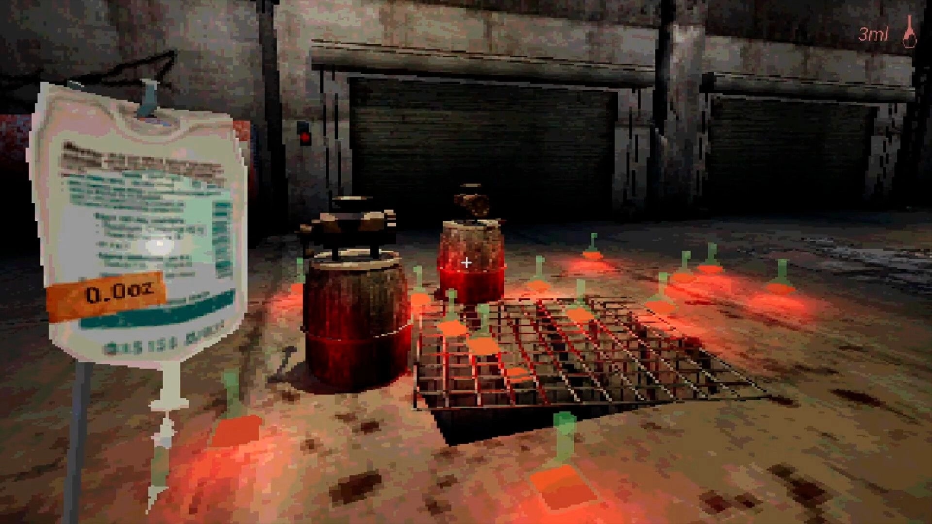 Flesh Grinding: Blood-filled barrels and floor grates beside an IV bag in a grimy warehouse room.