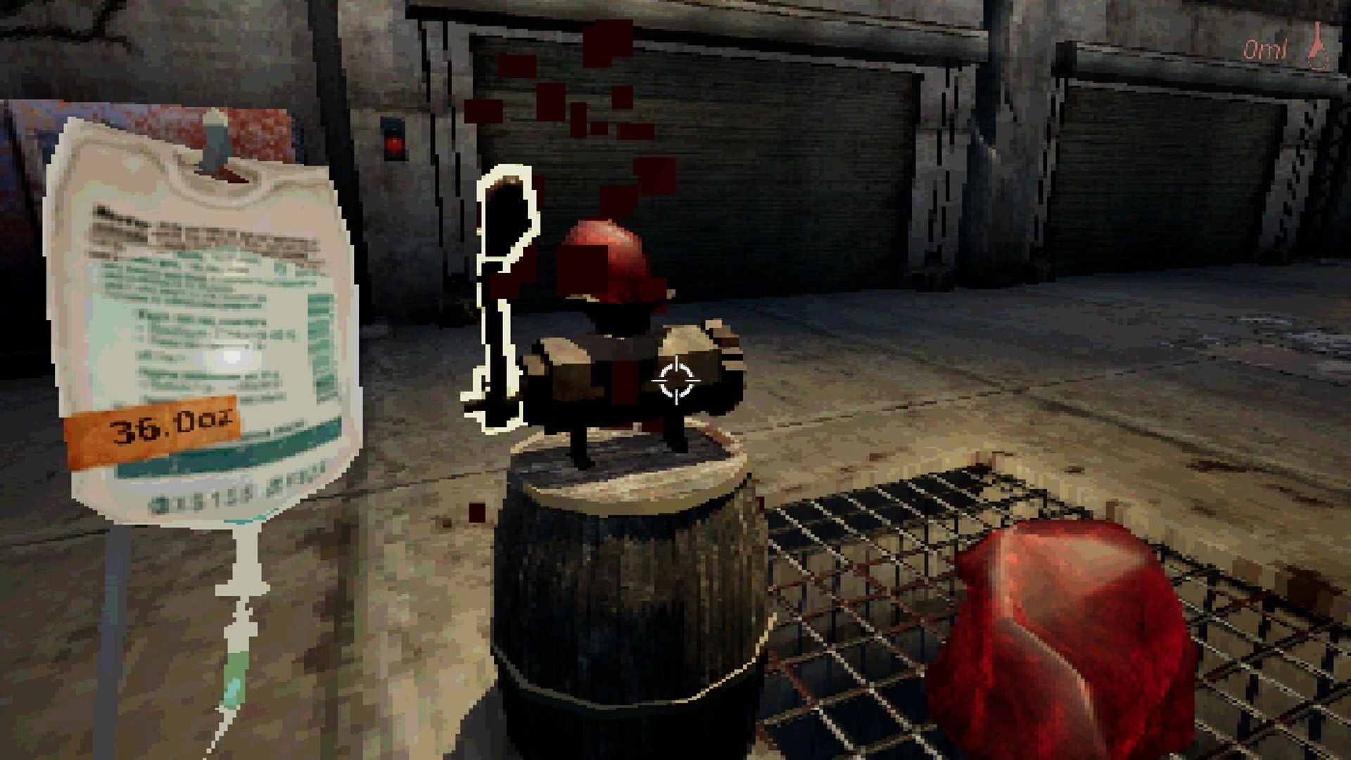 Flesh Grinding: Crosshair aiming at a meat grinder on a stump beside a blood bag in a dim room.