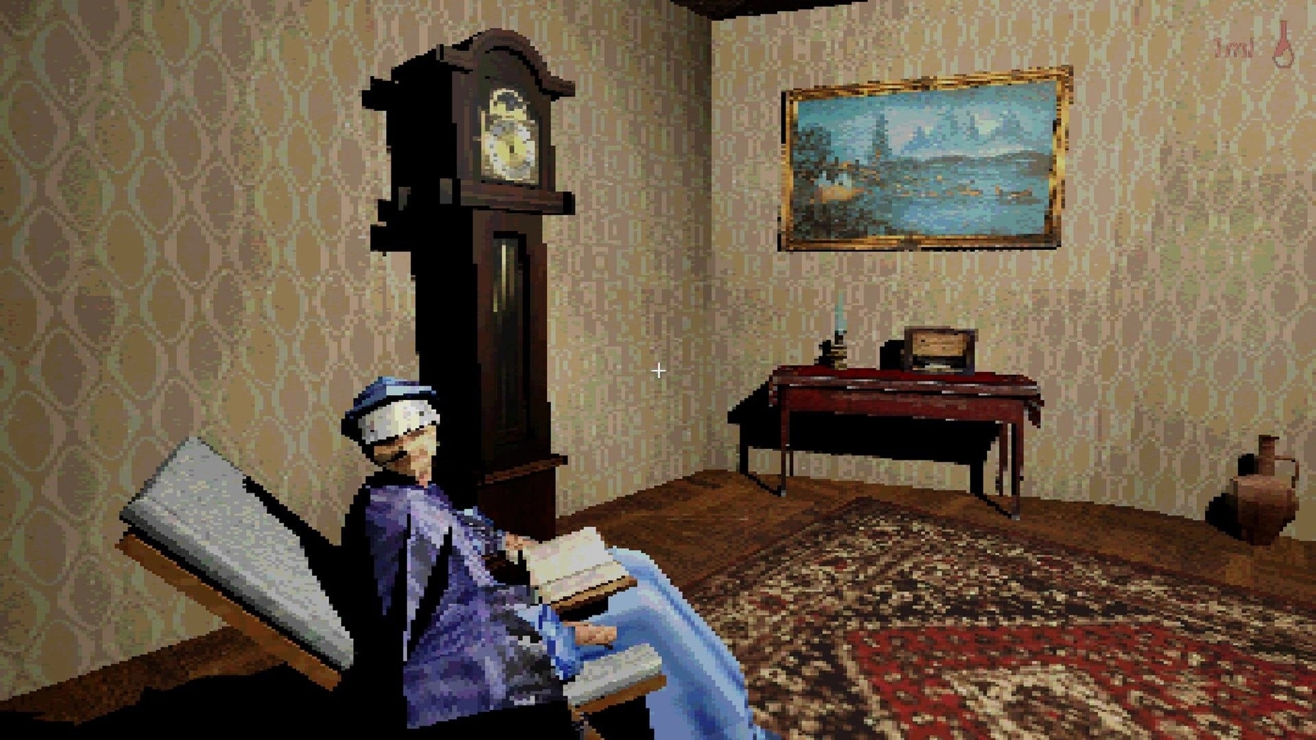 Flesh Grinding: First-person view of a patient in a chair, clock and desk in a wallpapered room.