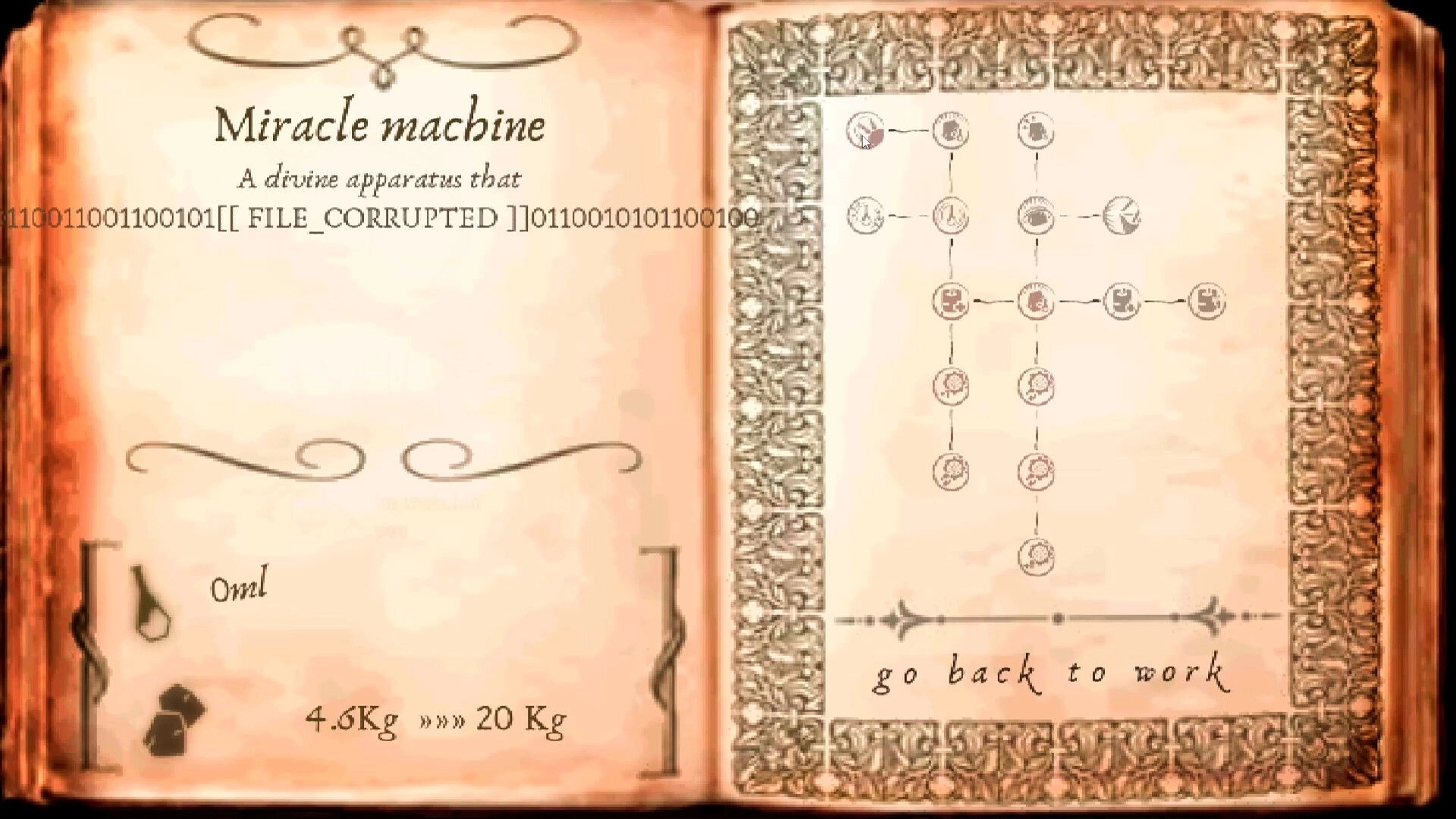Flesh Grinding: Miracle machine upgrade page with corrupted file text and skill tree in a book UI.