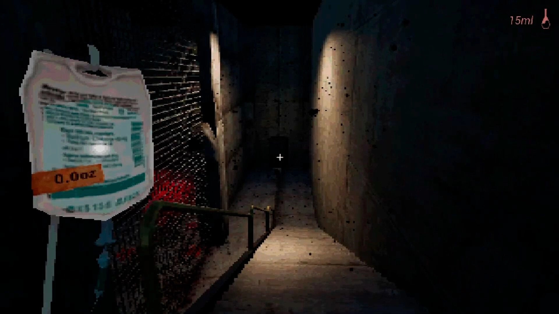 Flesh Grinding: First-person view down dim stairwell, blood bag UI at left and 75ml counter top right.
