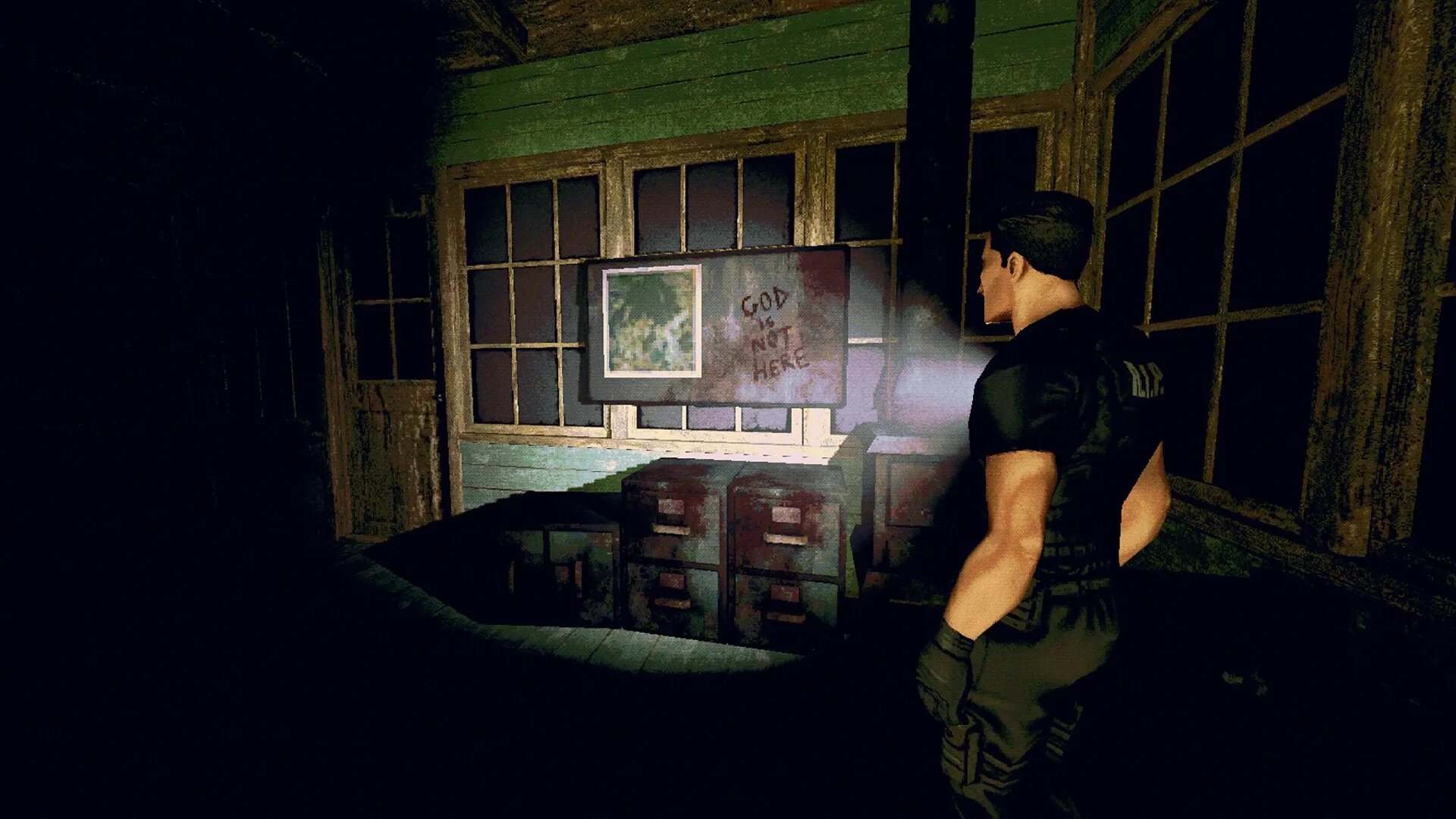Flesh Made Fear: Player examines eerie note on wall in dimly lit room with old filing cabinets.