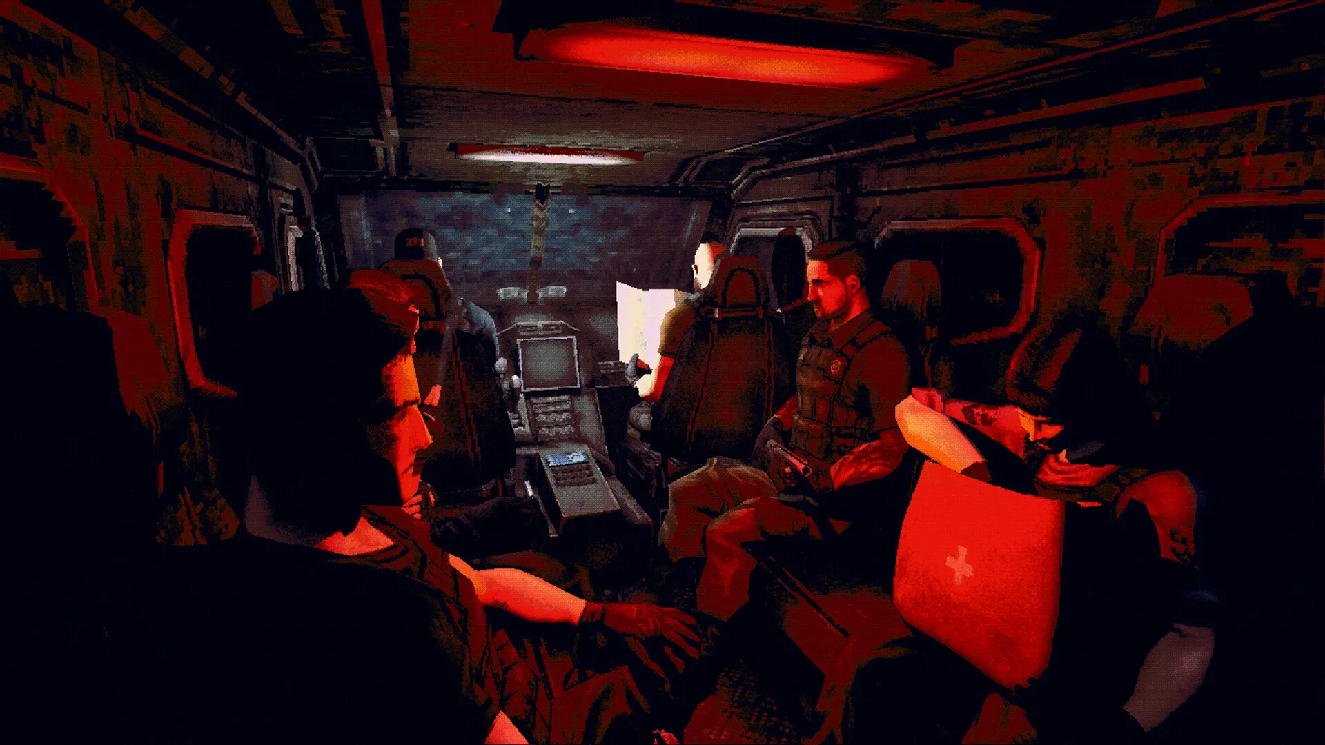 Flesh Made Fear: Team of characters in combat gear inside a dimly lit transport vehicle with red lighting.