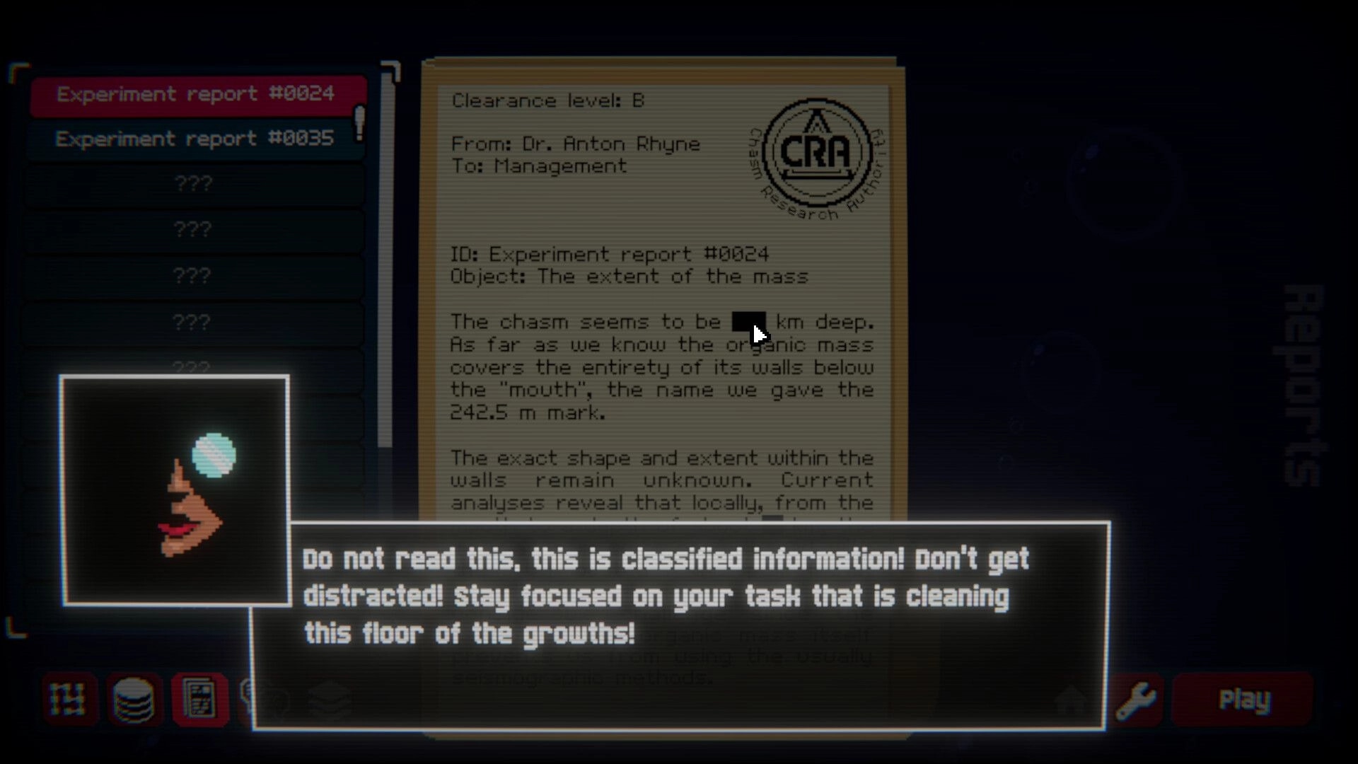 Fleshborn: Classified experiment report menu with warning dialogue overlay in dark research UI screen.