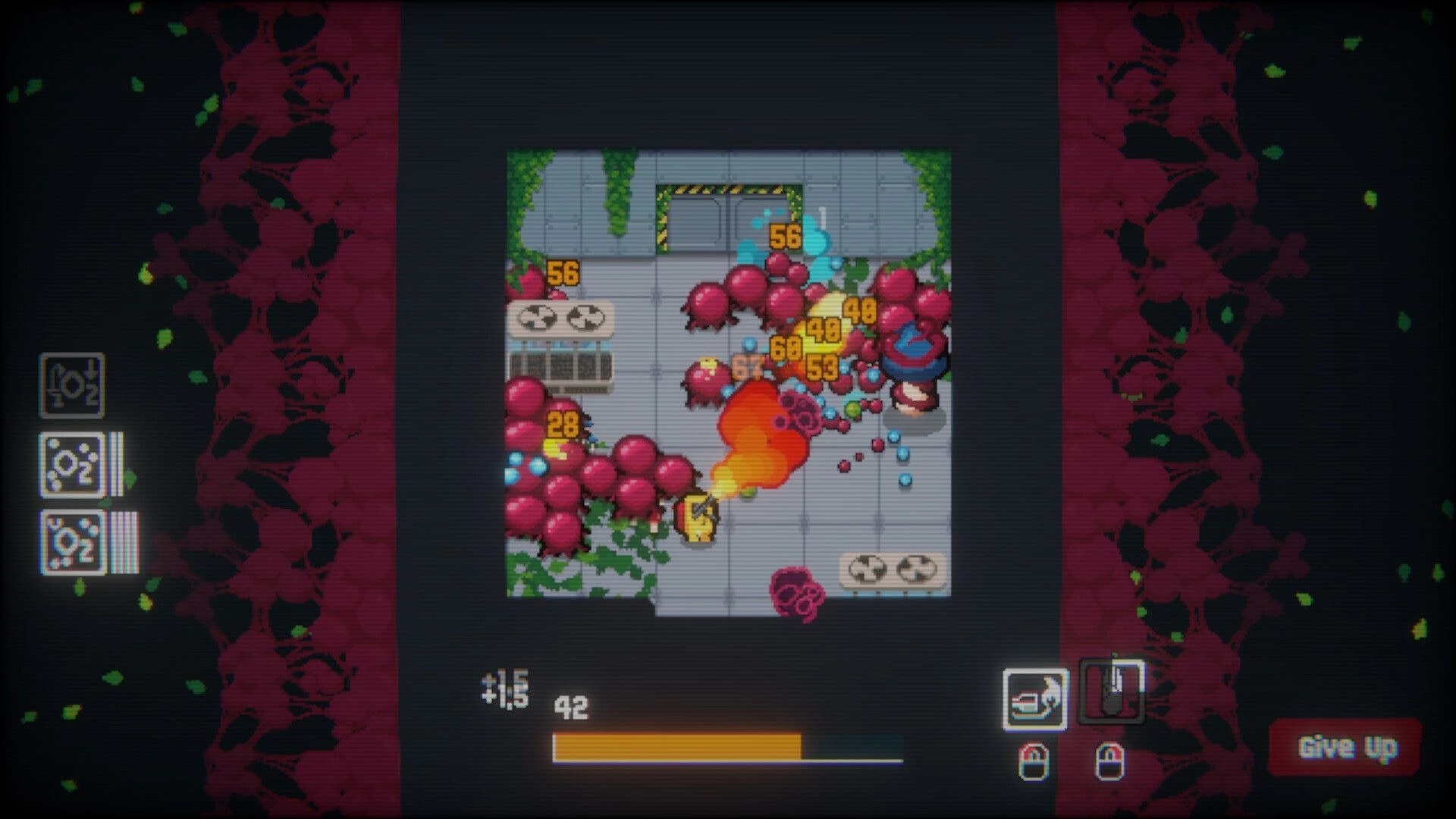 Fleshborn: Flamethrower blasts red fleshy blobs in a lab room, damage numbers and UI icons visible.