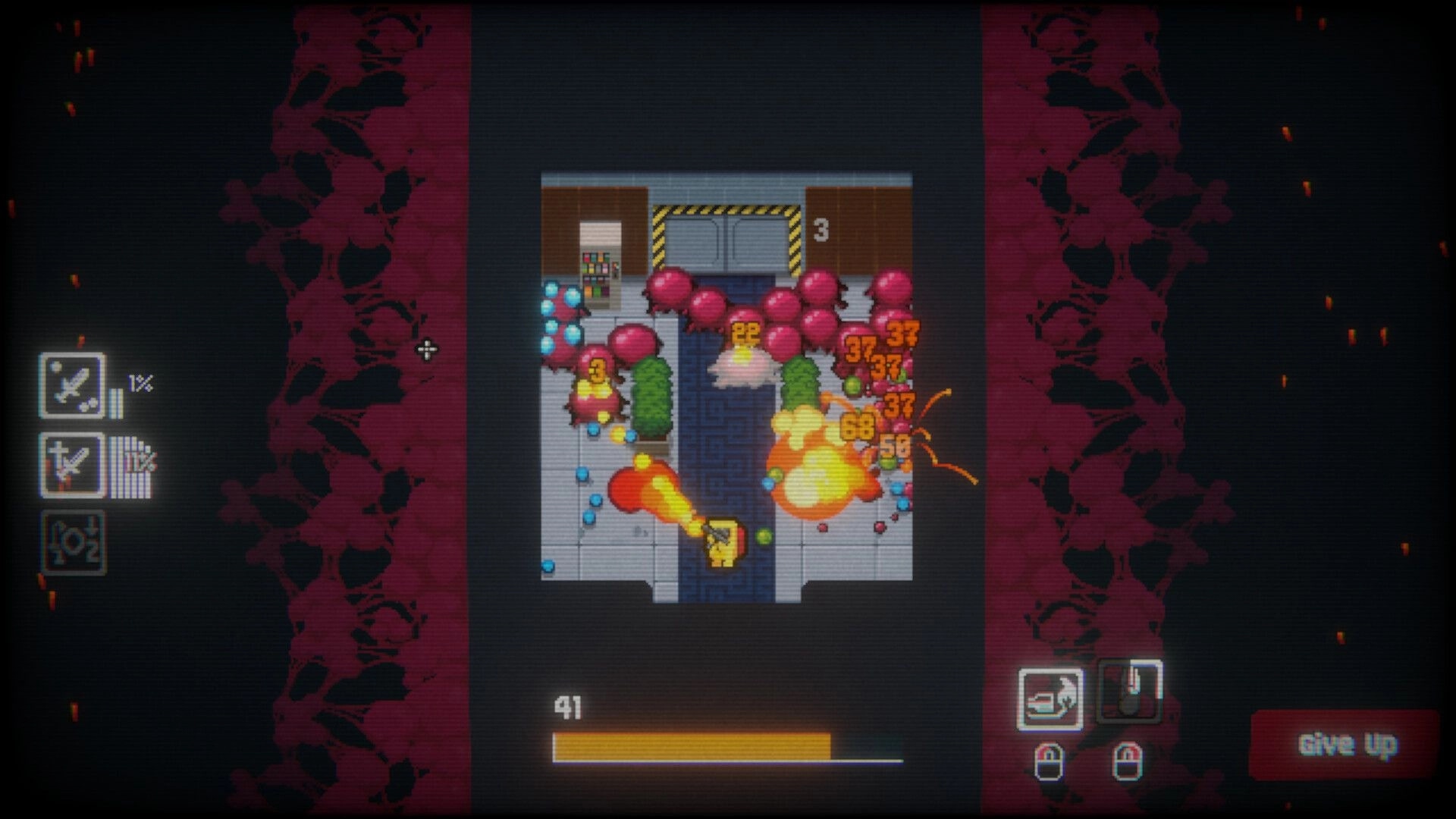 Fleshborn: Top-down flamethrower burning fleshy blobs in lab room, damage numbers and HUD icons visible.