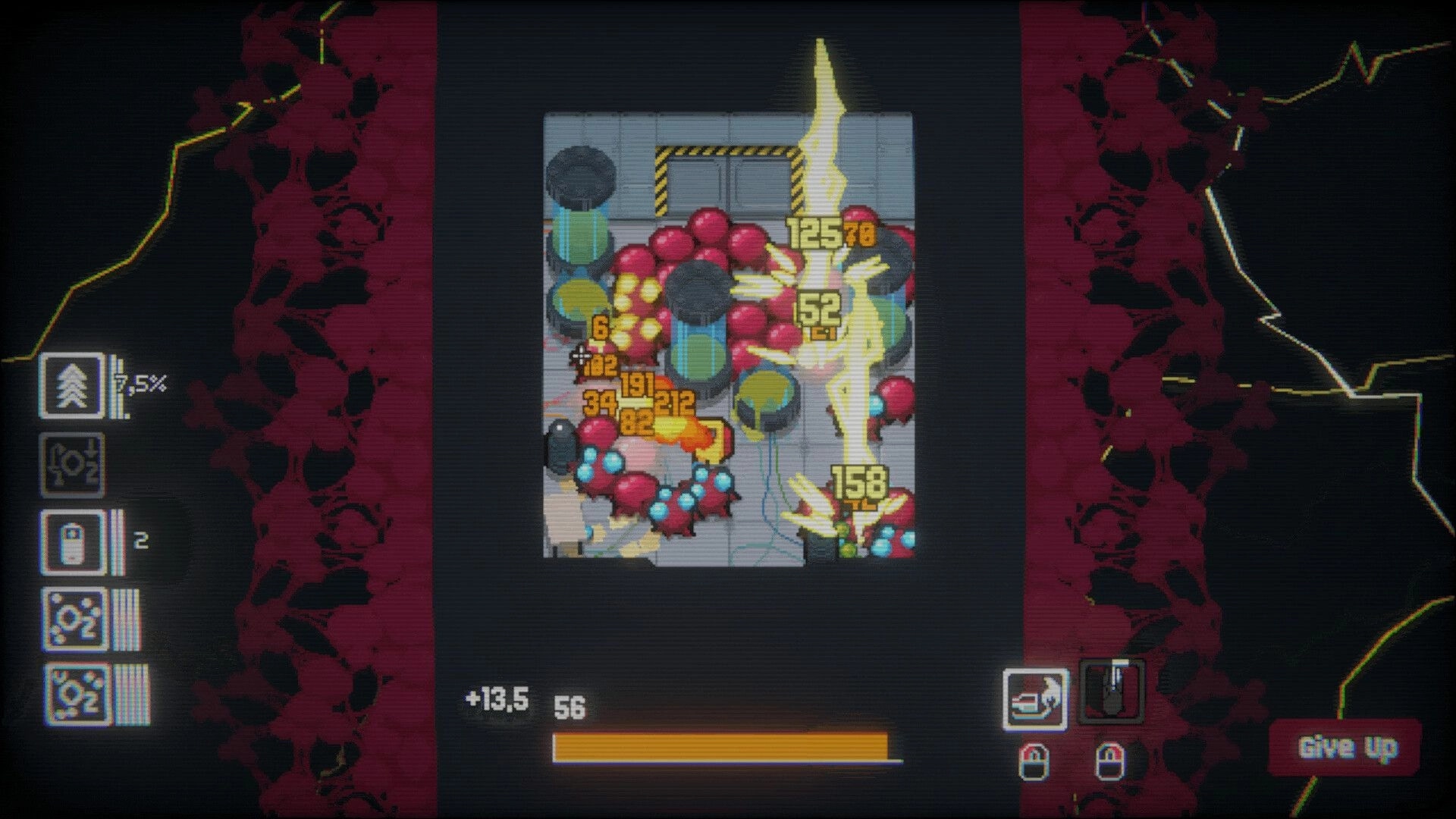 Fleshborn: Flamethrower blast hits fleshy blobs in lab room, damage numbers and side UI icons visible.