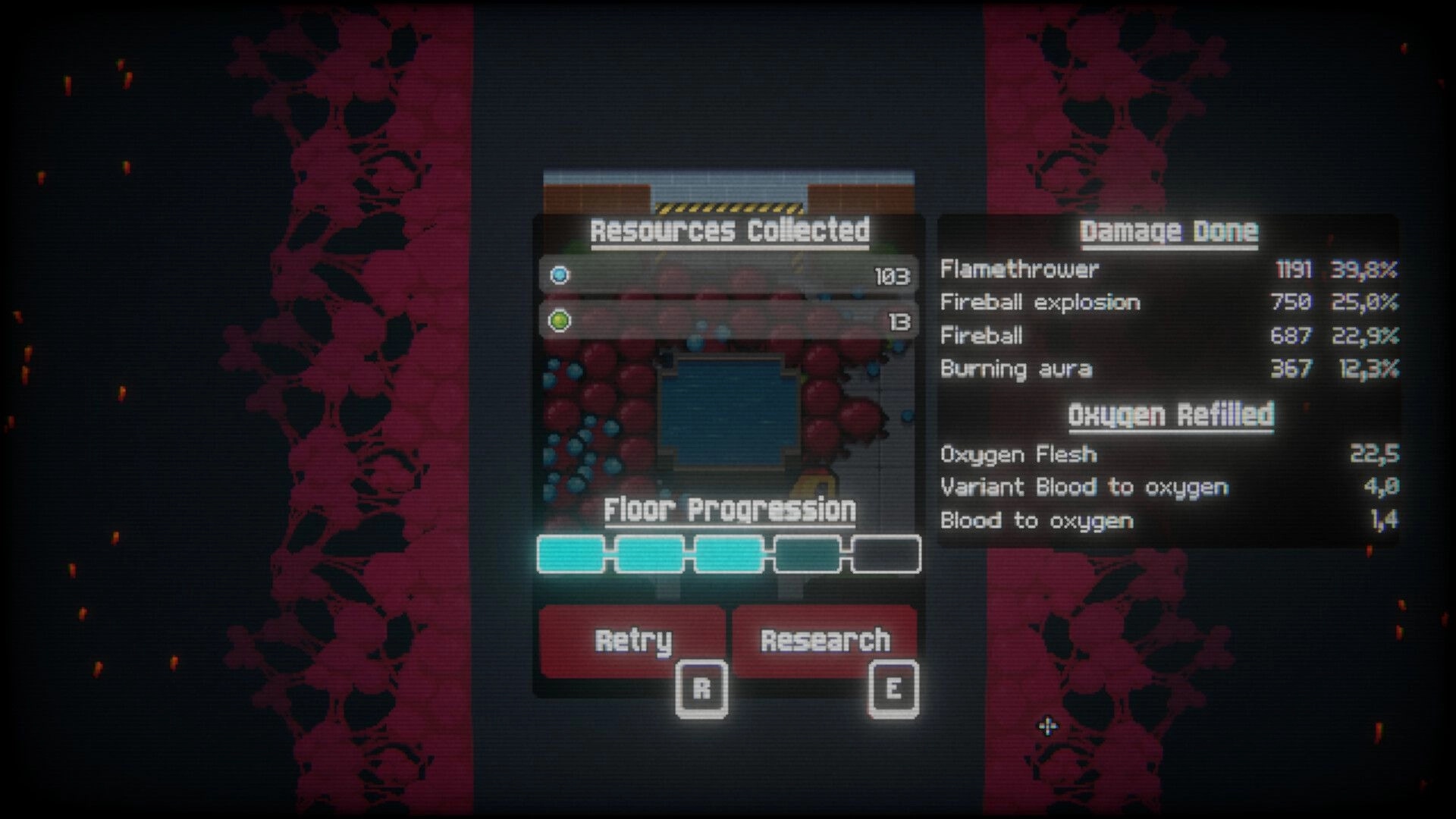 Fleshborn: Post-run results screen with resources, damage breakdown, and floor progress in fleshy lab corridor.