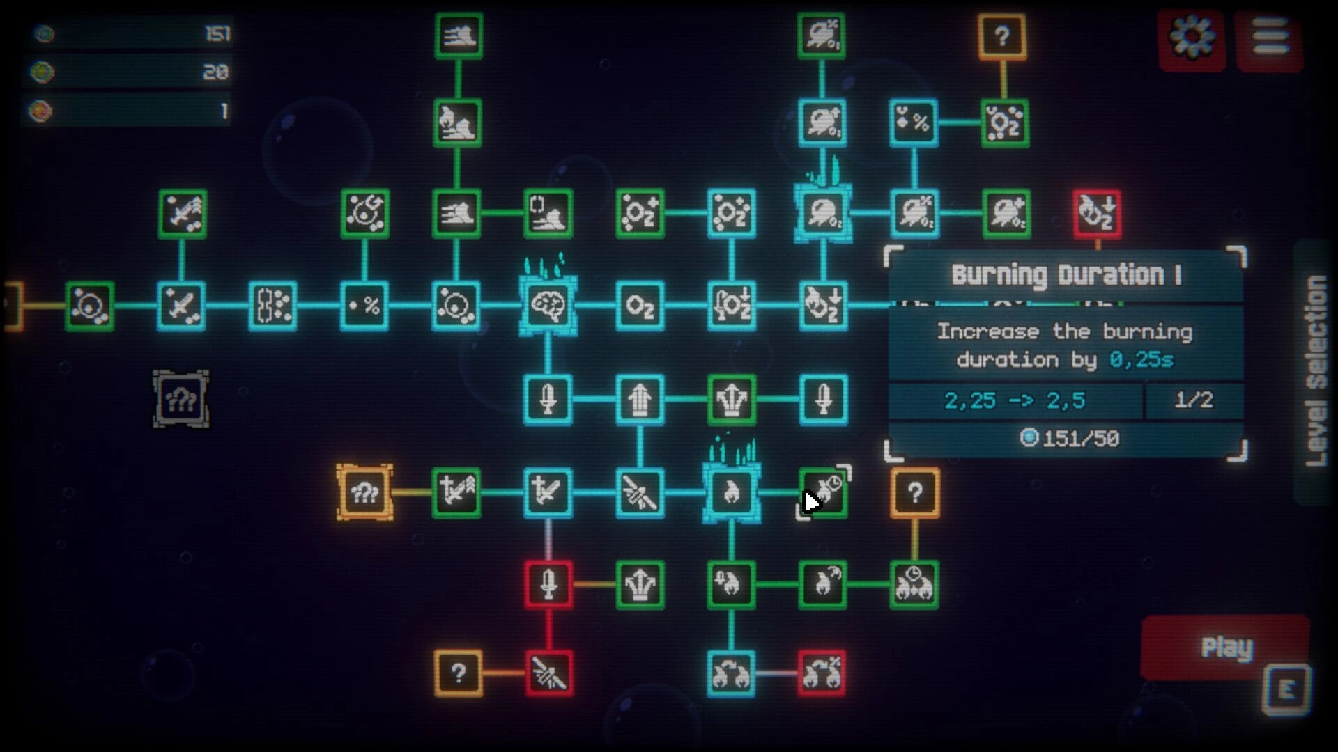 Fleshborn: Upgrade tree screen with nodes highlighted and tooltip for Burning Duration I in lab UI.